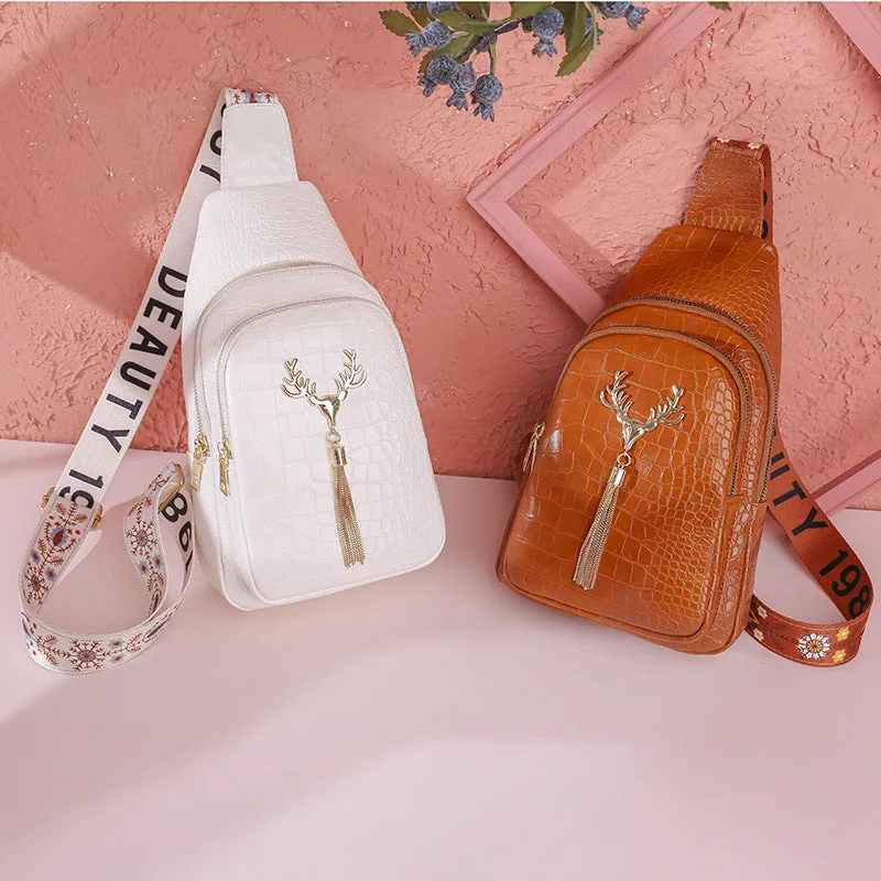 Deer Tassel Design Crossbody Bag: Fashionable Letter Embroidery Chest Bag for Women
