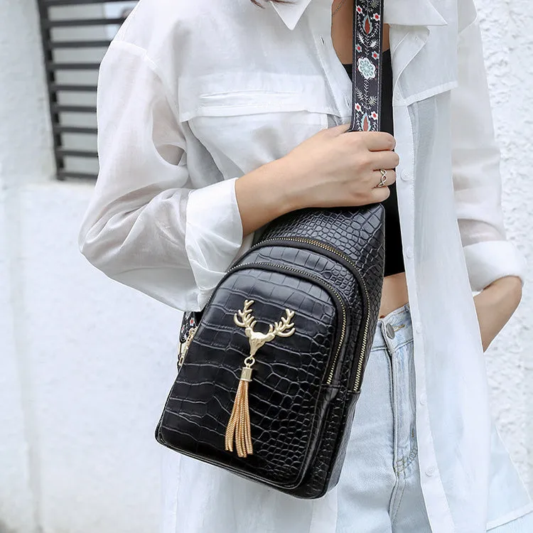 Deer Tassel Design Crossbody Bag: Fashionable Letter Embroidery Chest Bag for Women