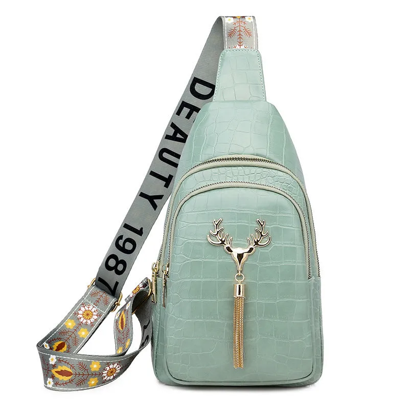 Deer Tassel Design Crossbody Bag: Fashionable Letter Embroidery Chest Bag for Women
