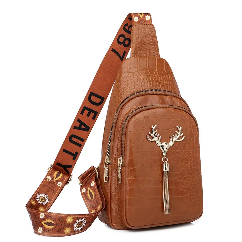 Deer Tassel Design Crossbody Bag: Fashionable Letter Embroidery Chest Bag for Women