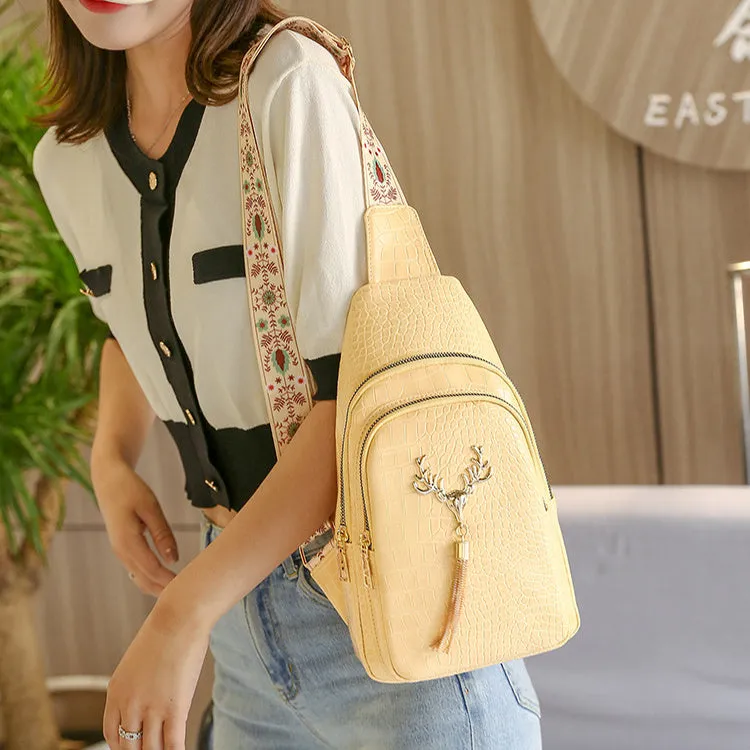 Deer Tassel Design Crossbody Bag: Fashionable Letter Embroidery Chest Bag for Women