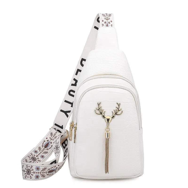 Deer Tassel Design Crossbody Bag: Fashionable Letter Embroidery Chest Bag for Women