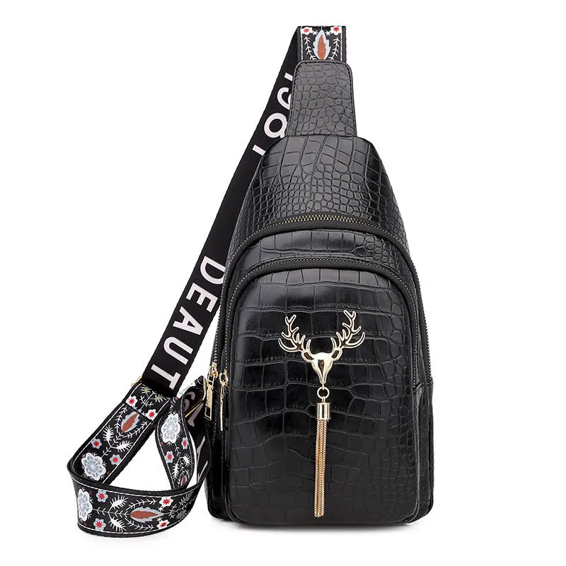 Deer Tassel Design Crossbody Bag: Fashionable Letter Embroidery Chest Bag for Women