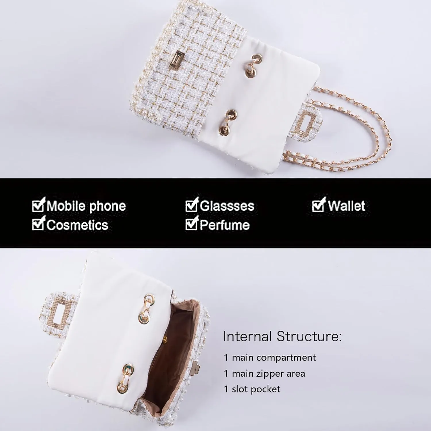 Designer Chain Shoulder Purse for Women Trendy Ladies Quilted Crossbody Bag Clucth Handbags Evening Bag Tweed Purses