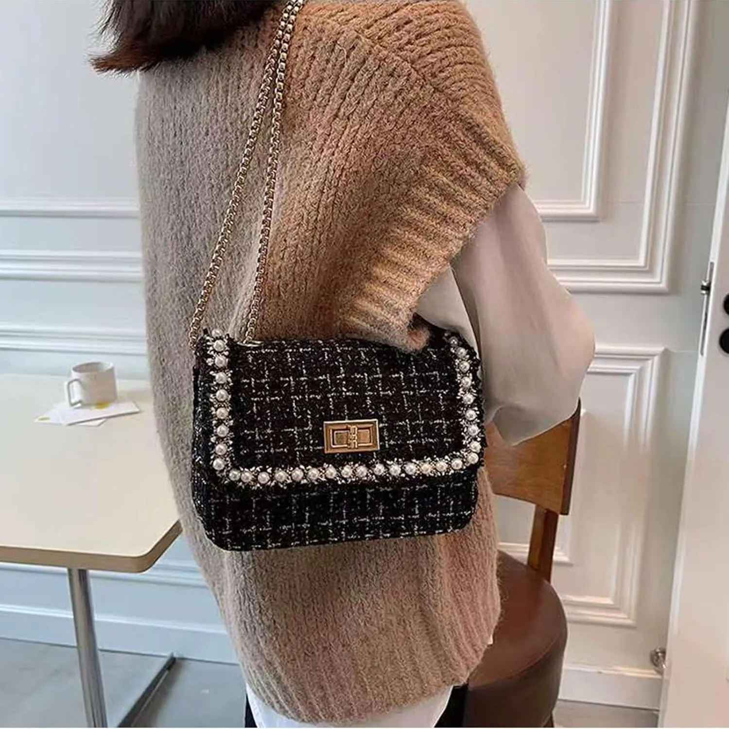 Designer Chain Shoulder Purse for Women Trendy Ladies Quilted Crossbody Bag Clucth Handbags Evening Bag Tweed Purses