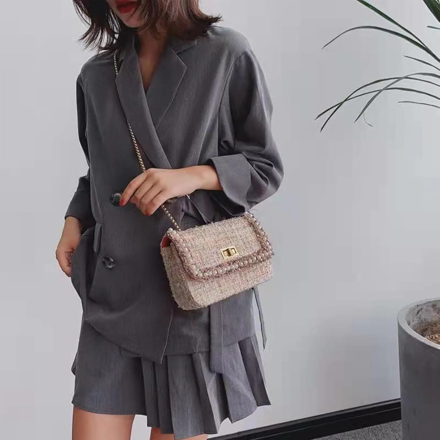 Designer Chain Shoulder Purse for Women Trendy Ladies Quilted Crossbody Bag Clucth Handbags Evening Bag Tweed Purses