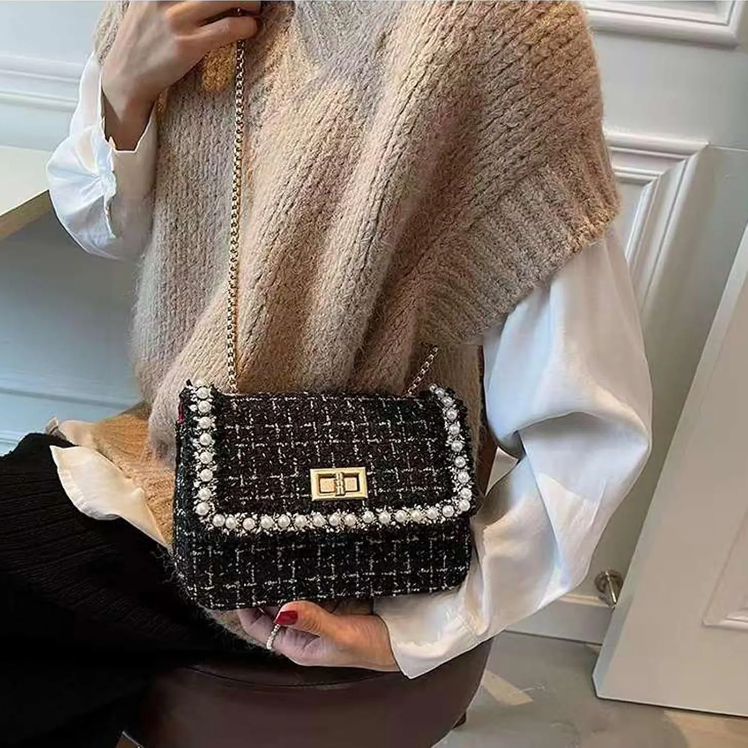 Designer Chain Shoulder Purse for Women Trendy Ladies Quilted Crossbody Bag Clucth Handbags Evening Bag Tweed Purses