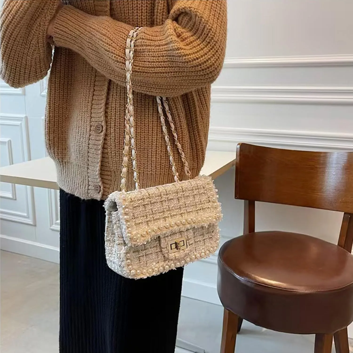 Designer Chain Shoulder Purse for Women Trendy Ladies Quilted Crossbody Bag Clucth Handbags Evening Bag Tweed Purses
