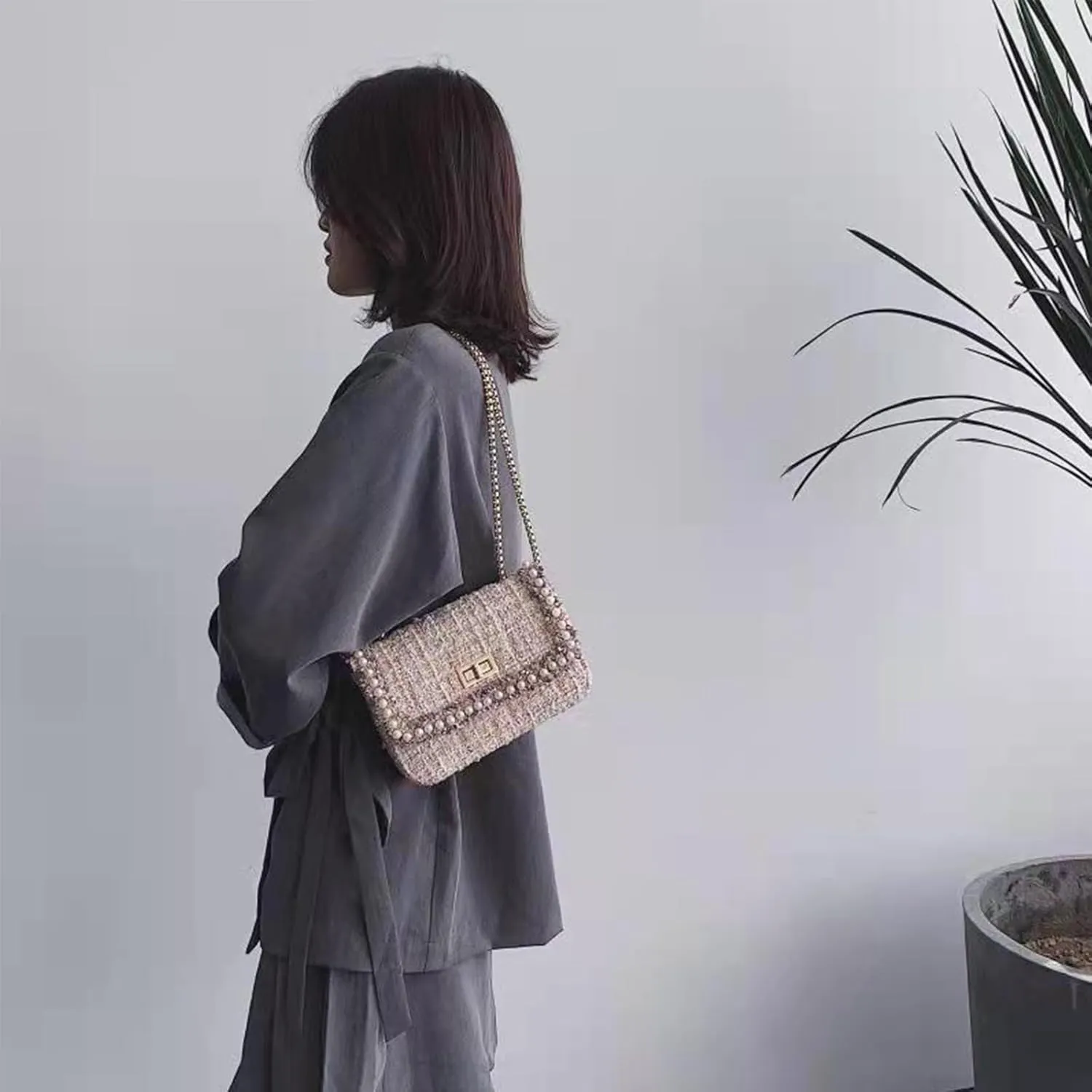 Designer Chain Shoulder Purse for Women Trendy Ladies Quilted Crossbody Bag Clucth Handbags Evening Bag Tweed Purses