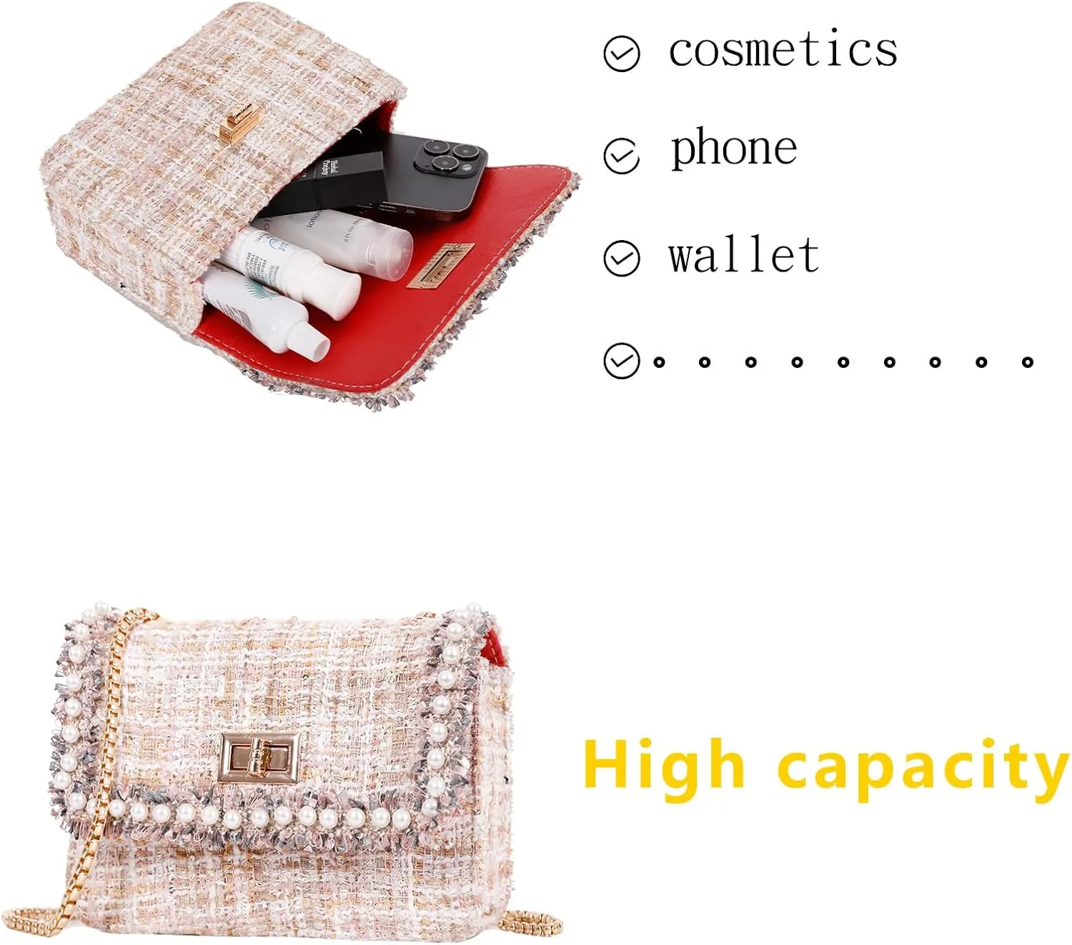 Designer Chain Shoulder Purse for Women Trendy Ladies Quilted Crossbody Bag Clucth Handbags Evening Bag Tweed Purses