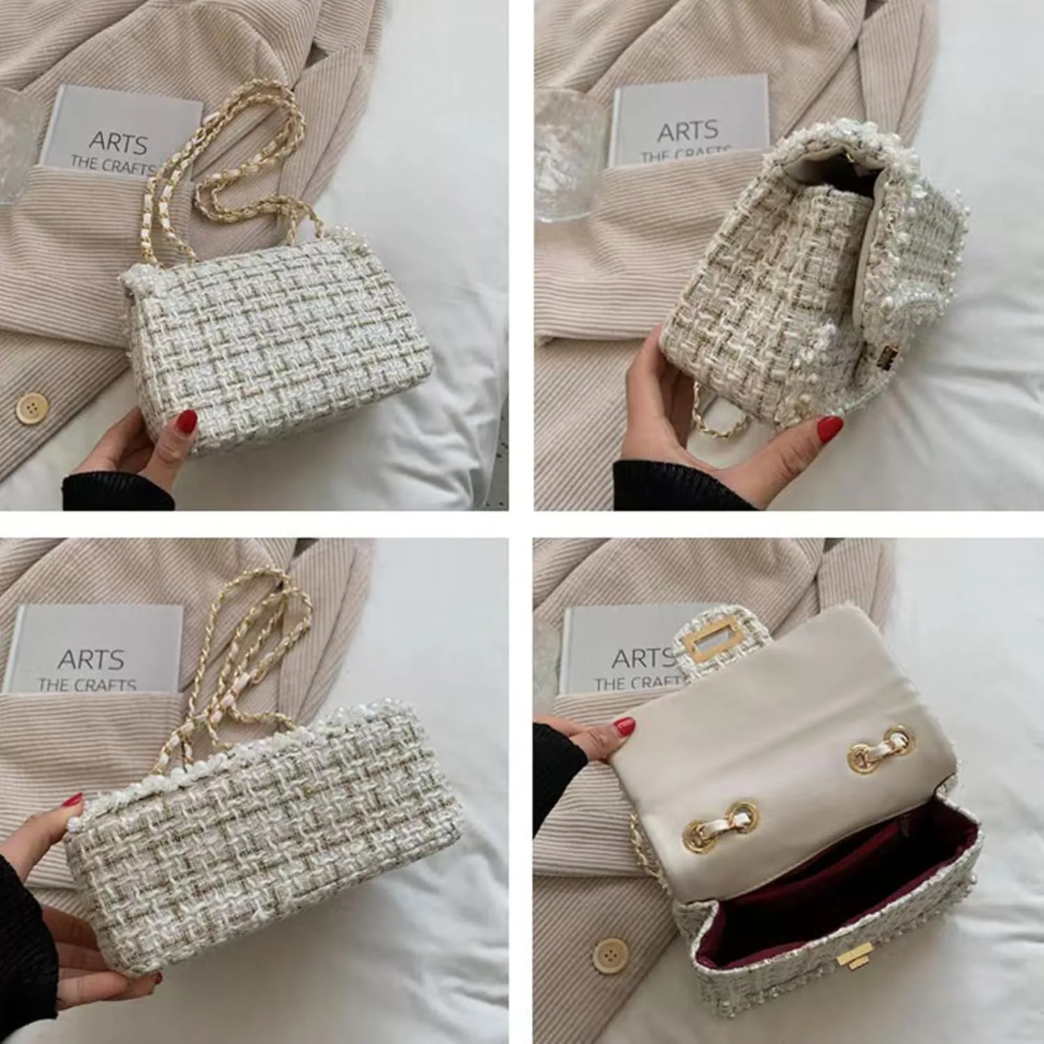 Designer Chain Shoulder Purse for Women Trendy Ladies Quilted Crossbody Bag Clucth Handbags Evening Bag Tweed Purses