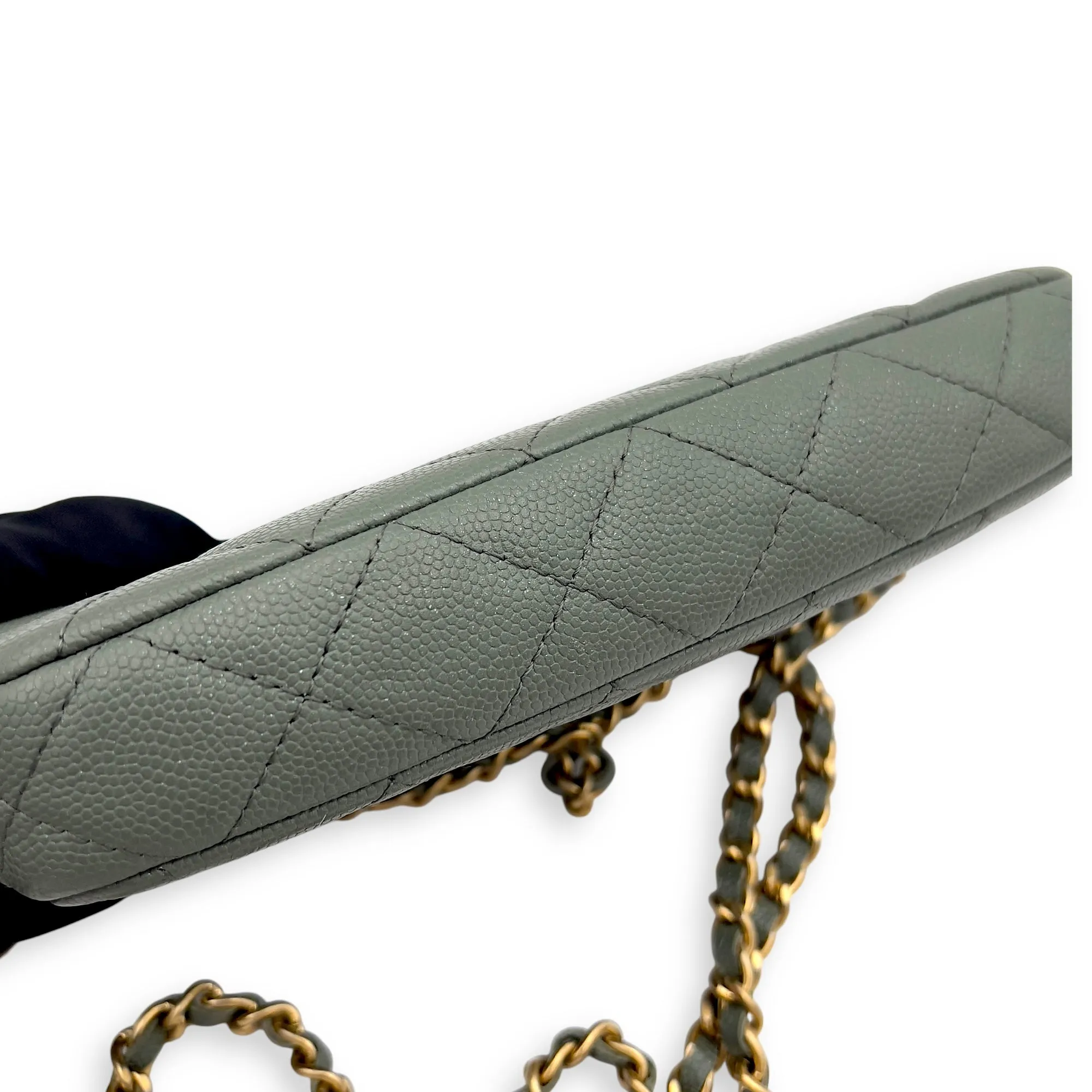 Double Zipped Green Crossbody Bag in Caviar Leather, Gold hardware