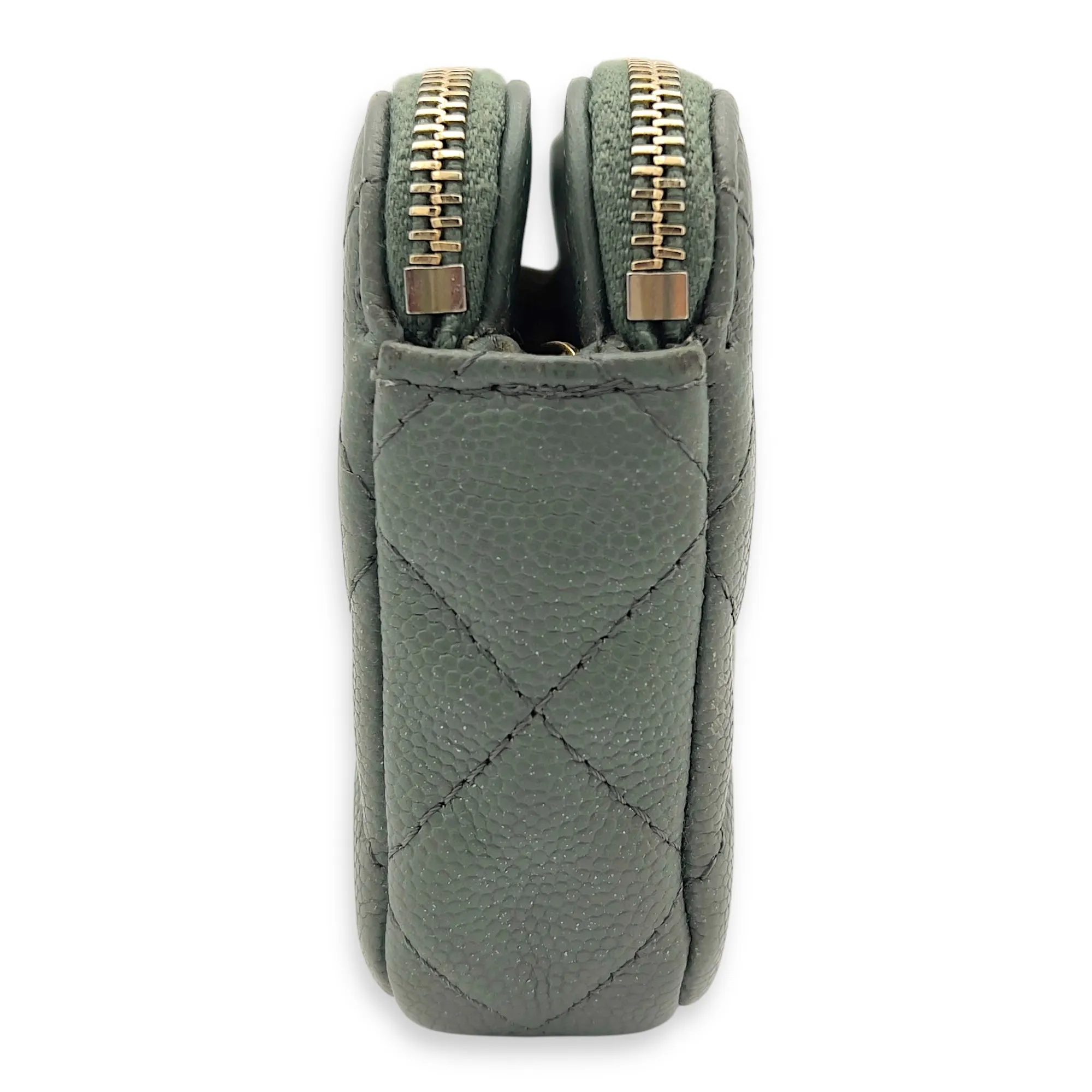 Double Zipped Green Crossbody Bag in Caviar Leather, Gold hardware