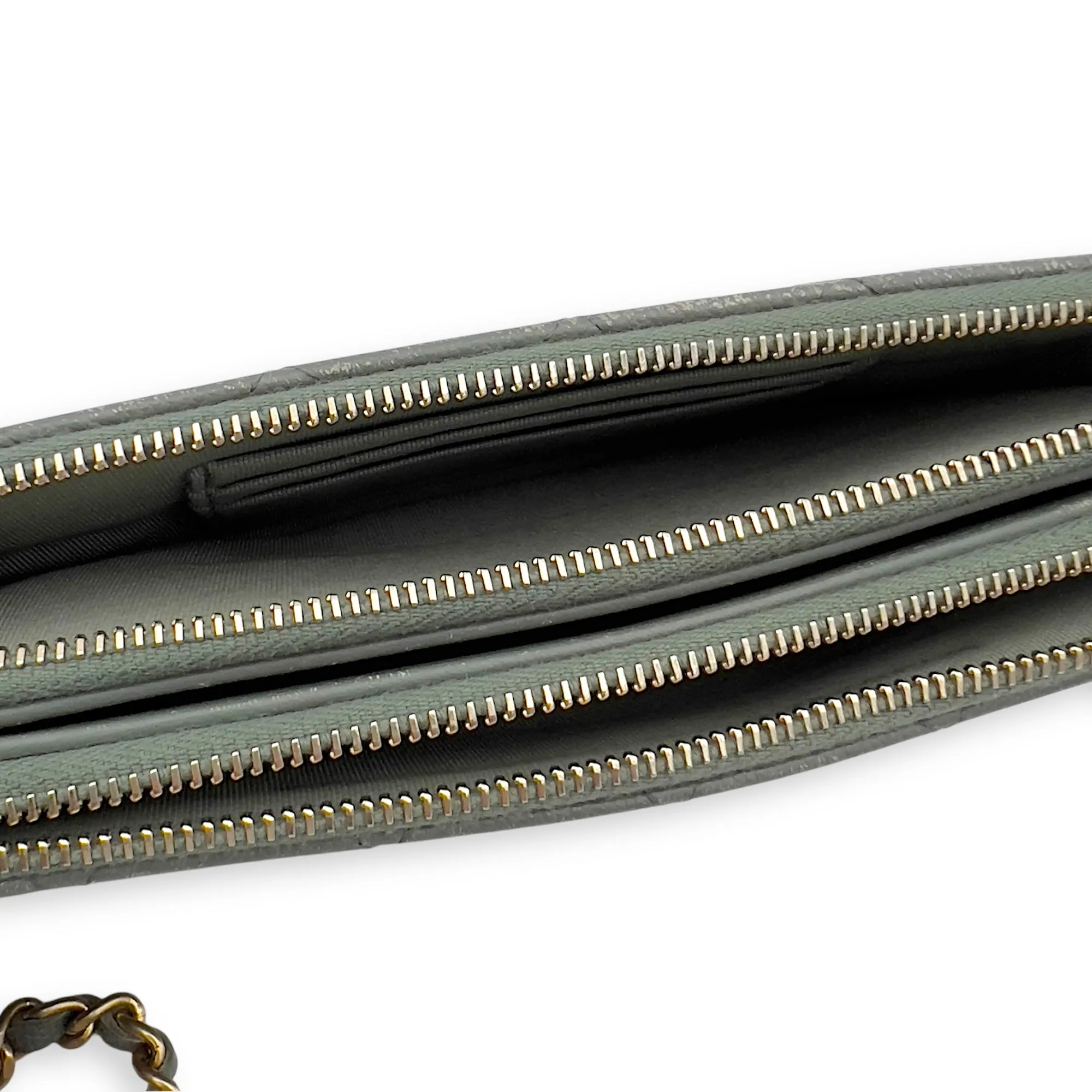 Double Zipped Green Crossbody Bag in Caviar Leather, Gold hardware
