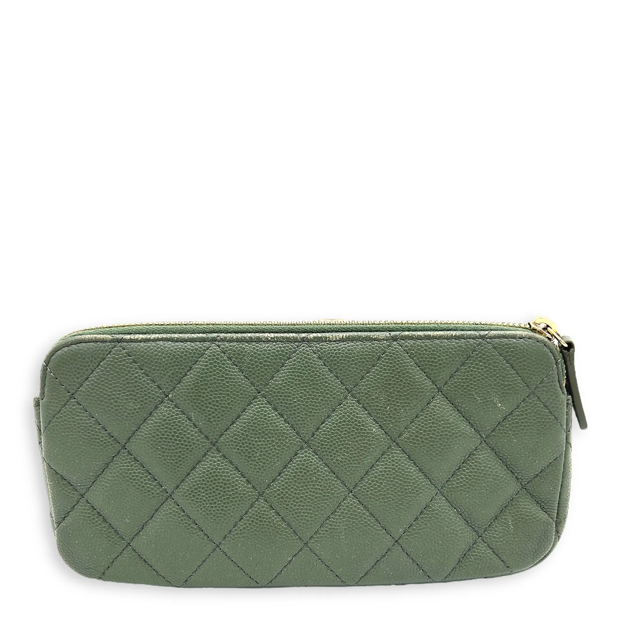 Double Zipped Green Crossbody Bag in Caviar Leather, Gold hardware