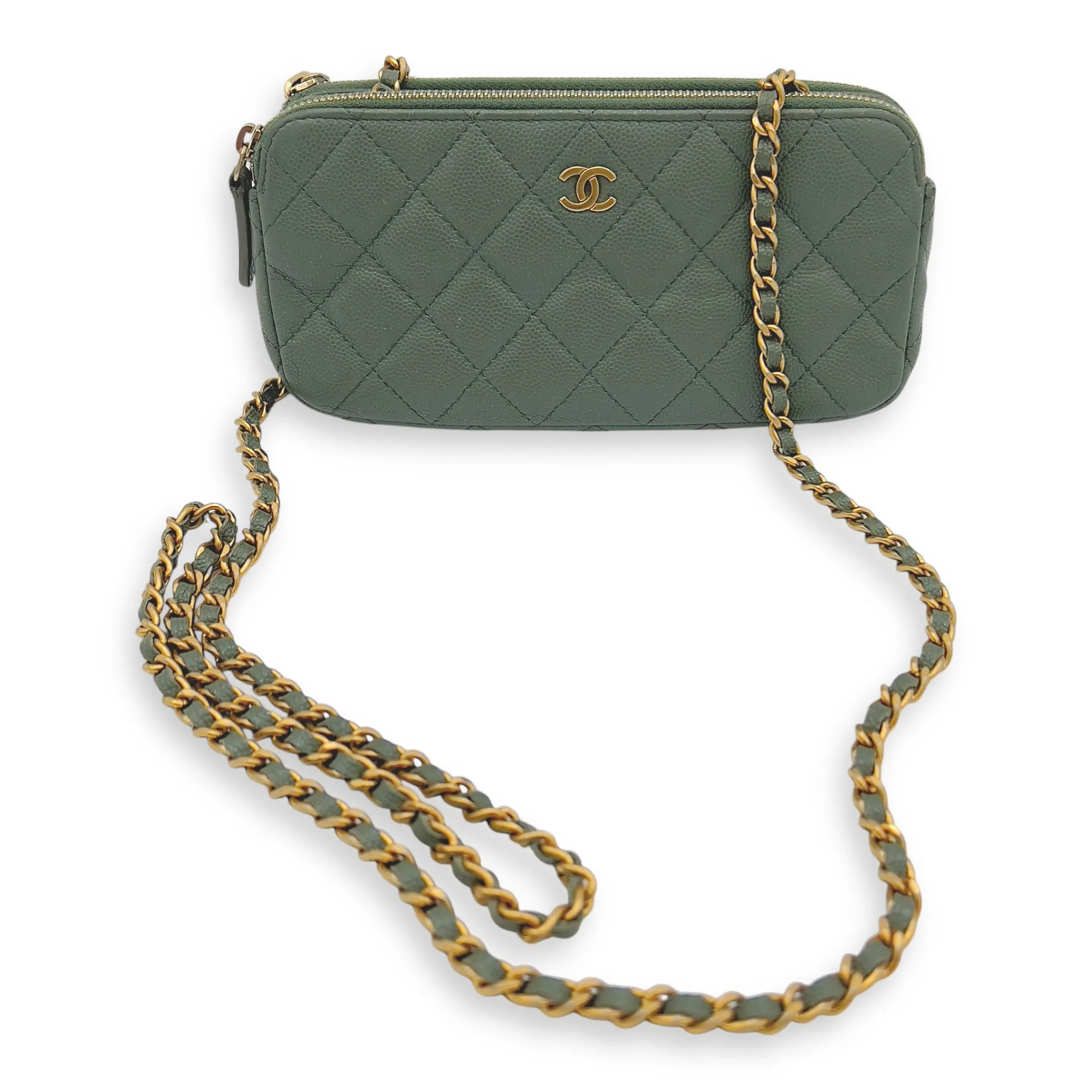 Double Zipped Green Crossbody Bag in Caviar Leather, Gold hardware