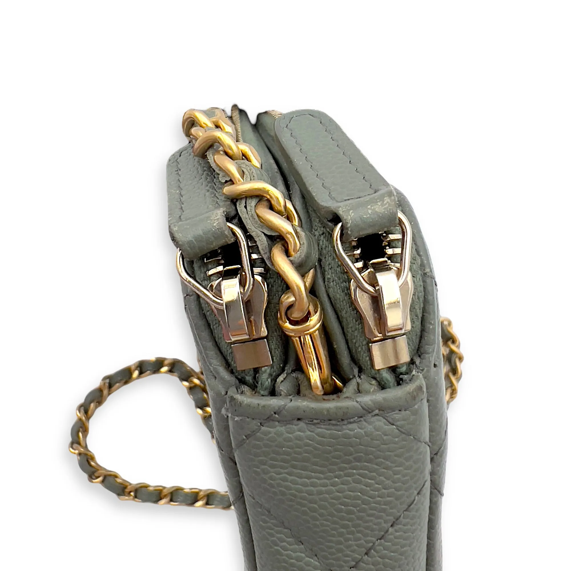 Double Zipped Green Crossbody Bag in Caviar Leather, Gold hardware