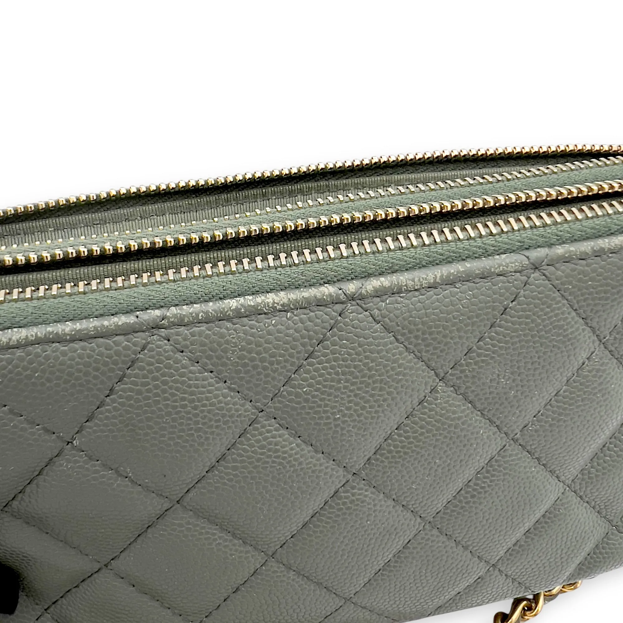 Double Zipped Green Crossbody Bag in Caviar Leather, Gold hardware