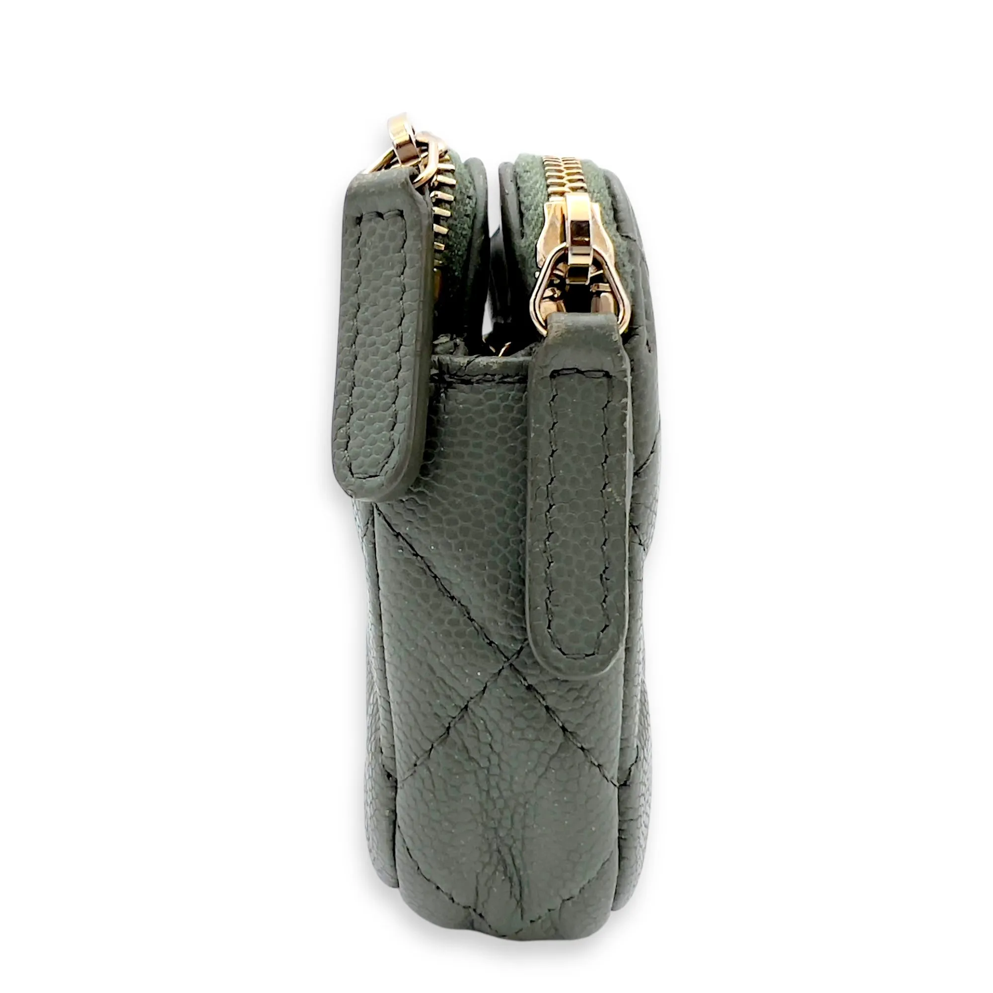 Double Zipped Green Crossbody Bag in Caviar Leather, Gold hardware