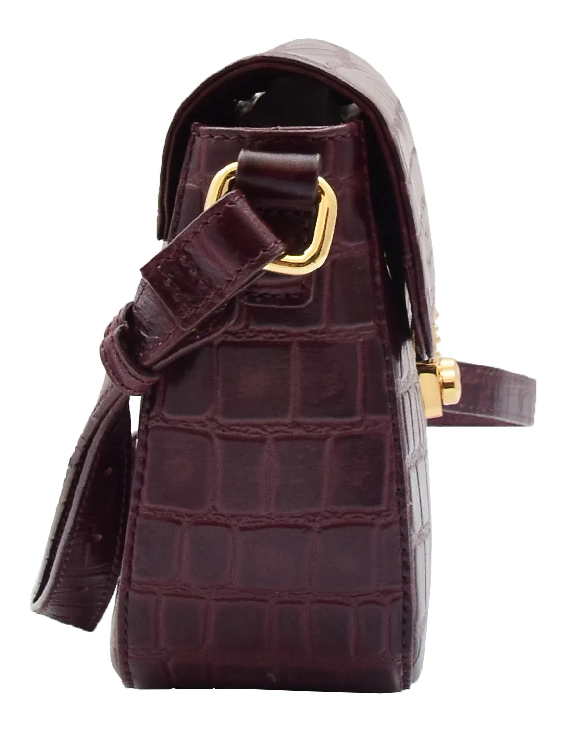 DR297 Women's Cross Body Bag Croc Print Handstitched Leather Handbag Bordo