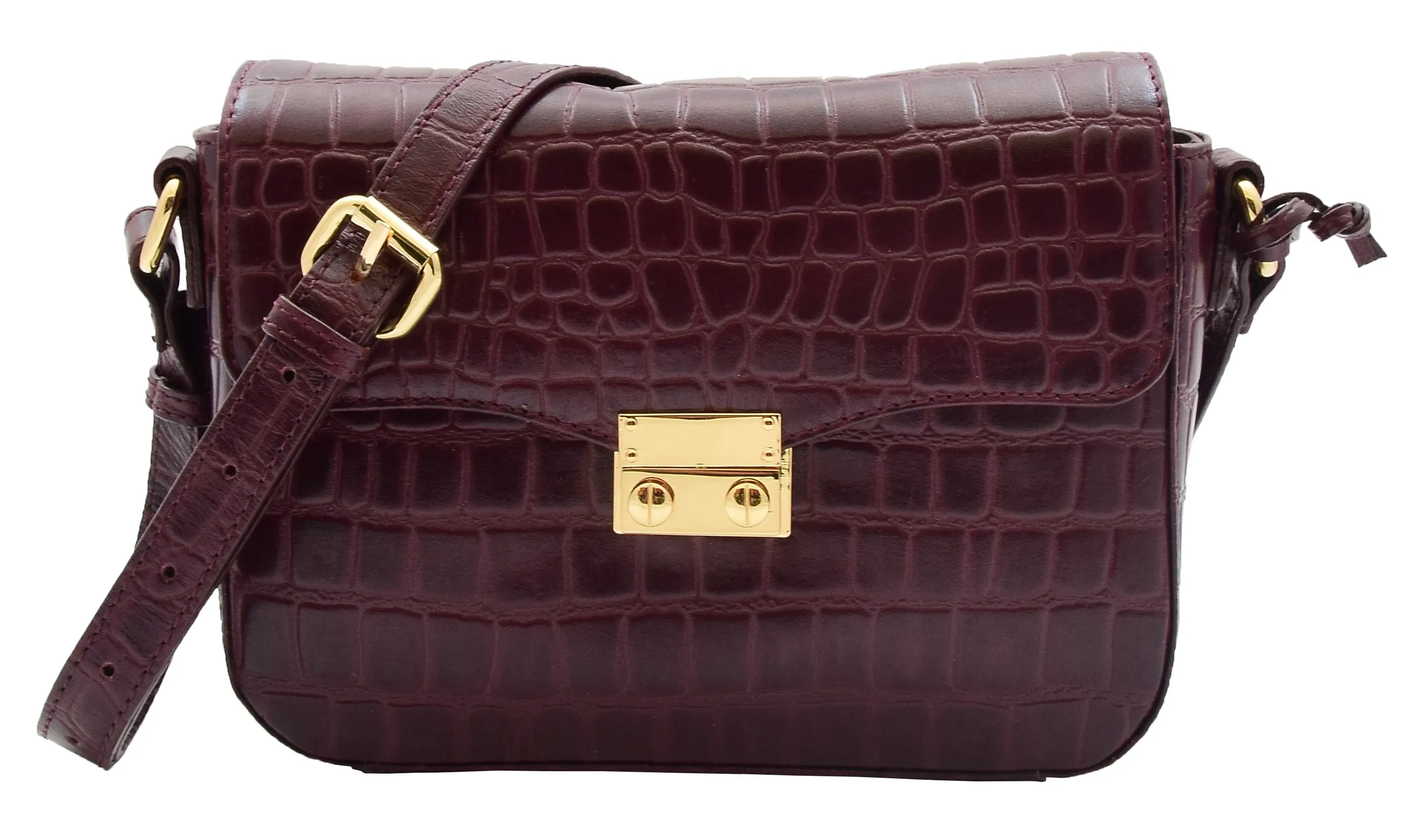 DR297 Women's Cross Body Bag Croc Print Handstitched Leather Handbag Bordo