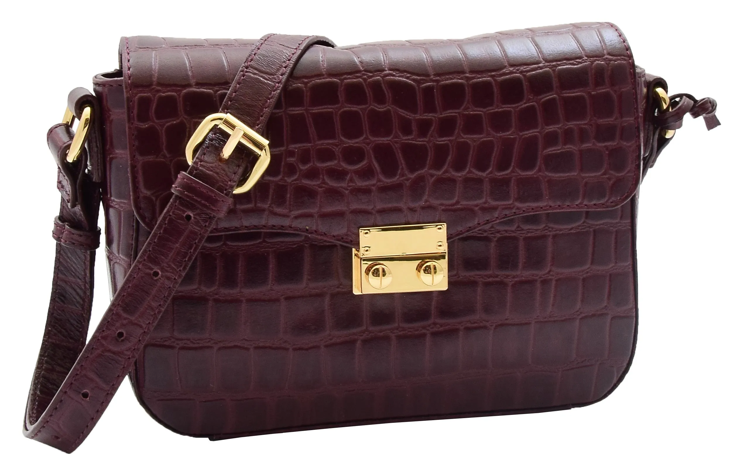 DR297 Women's Cross Body Bag Croc Print Handstitched Leather Handbag Bordo