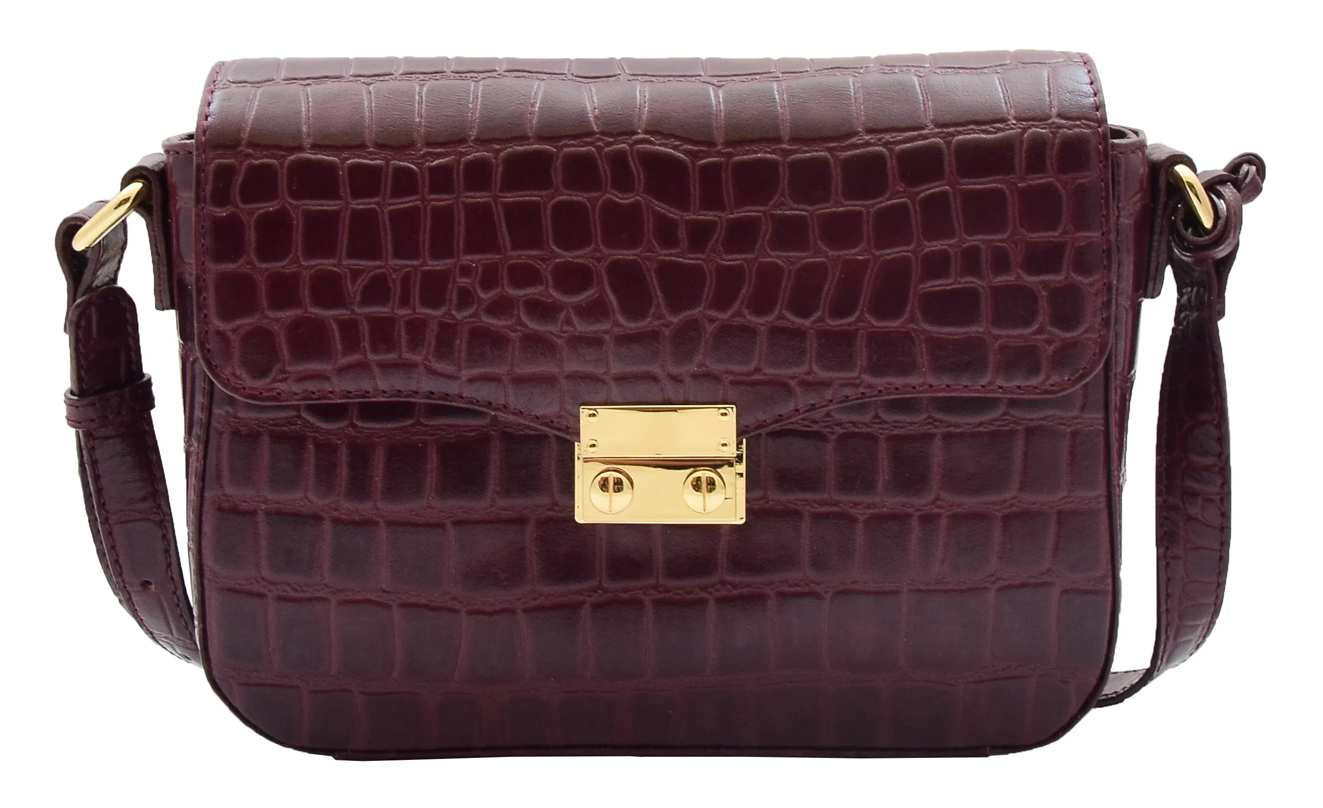 DR297 Women's Cross Body Bag Croc Print Handstitched Leather Handbag Bordo