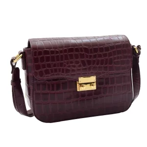 DR297 Women's Cross Body Bag Croc Print Handstitched Leather Handbag Bordo