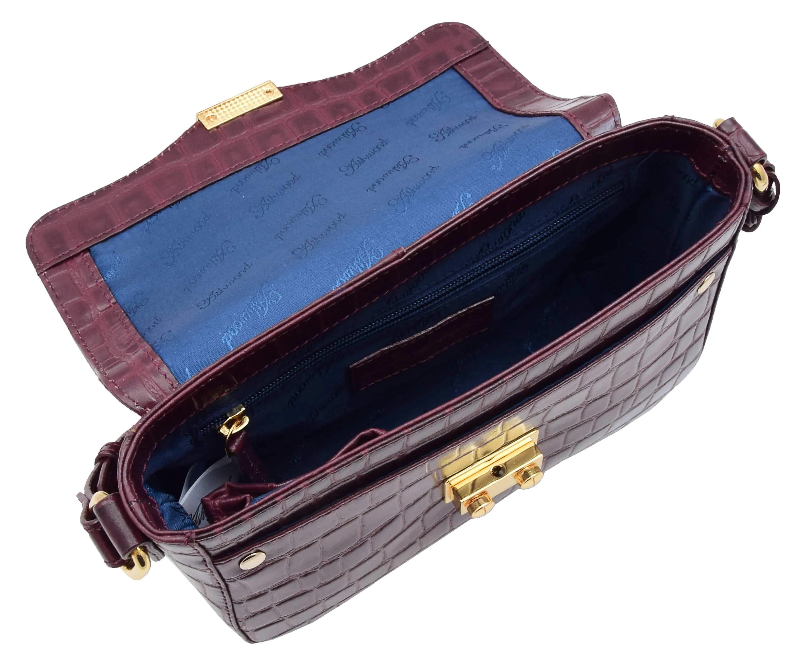 DR297 Women's Cross Body Bag Croc Print Handstitched Leather Handbag Bordo