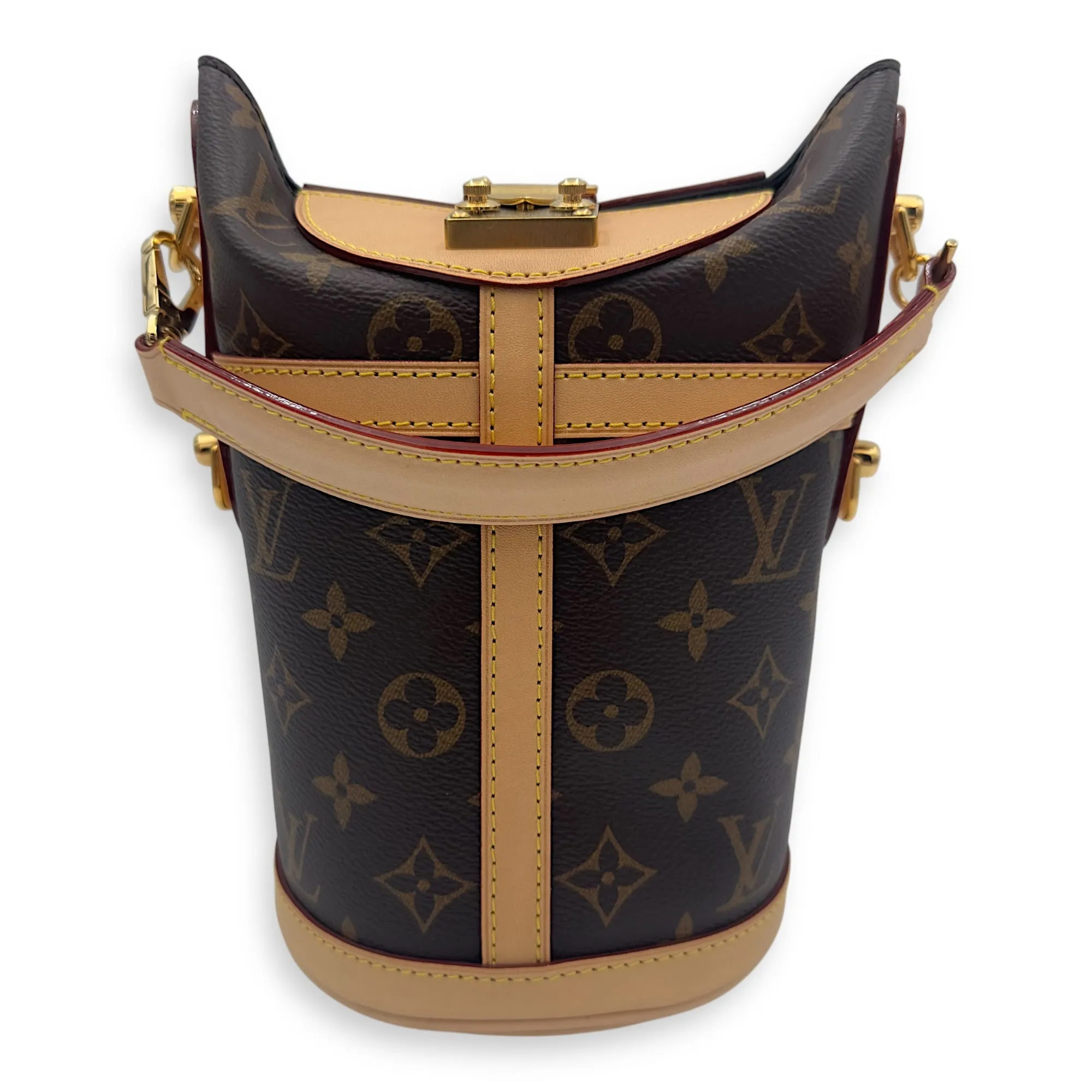 Duffle Brown Bucket Bag in Monogram Coated Canvas, Gold hardware