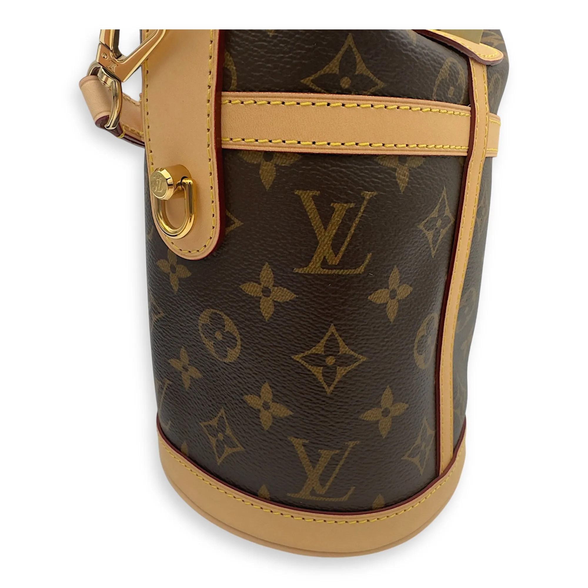 Duffle Brown Bucket Bag in Monogram Coated Canvas, Gold hardware