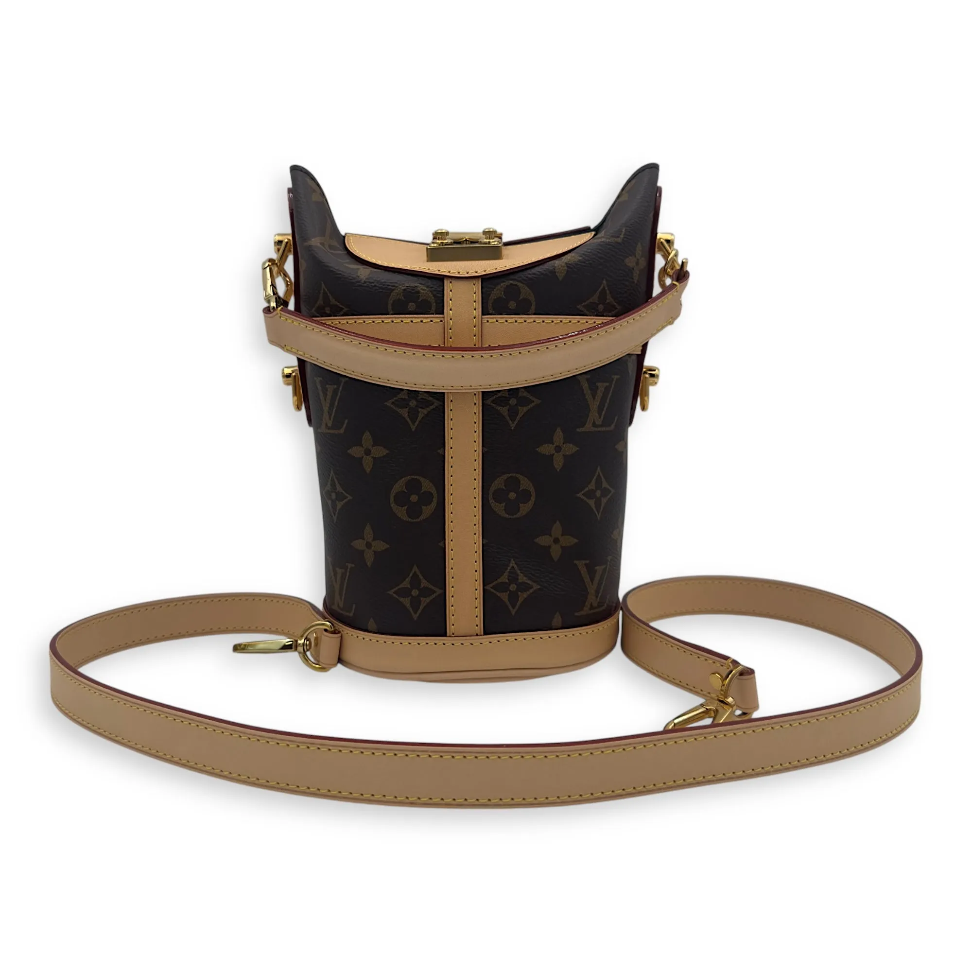 Duffle Brown Bucket Bag in Monogram Coated Canvas, Gold hardware