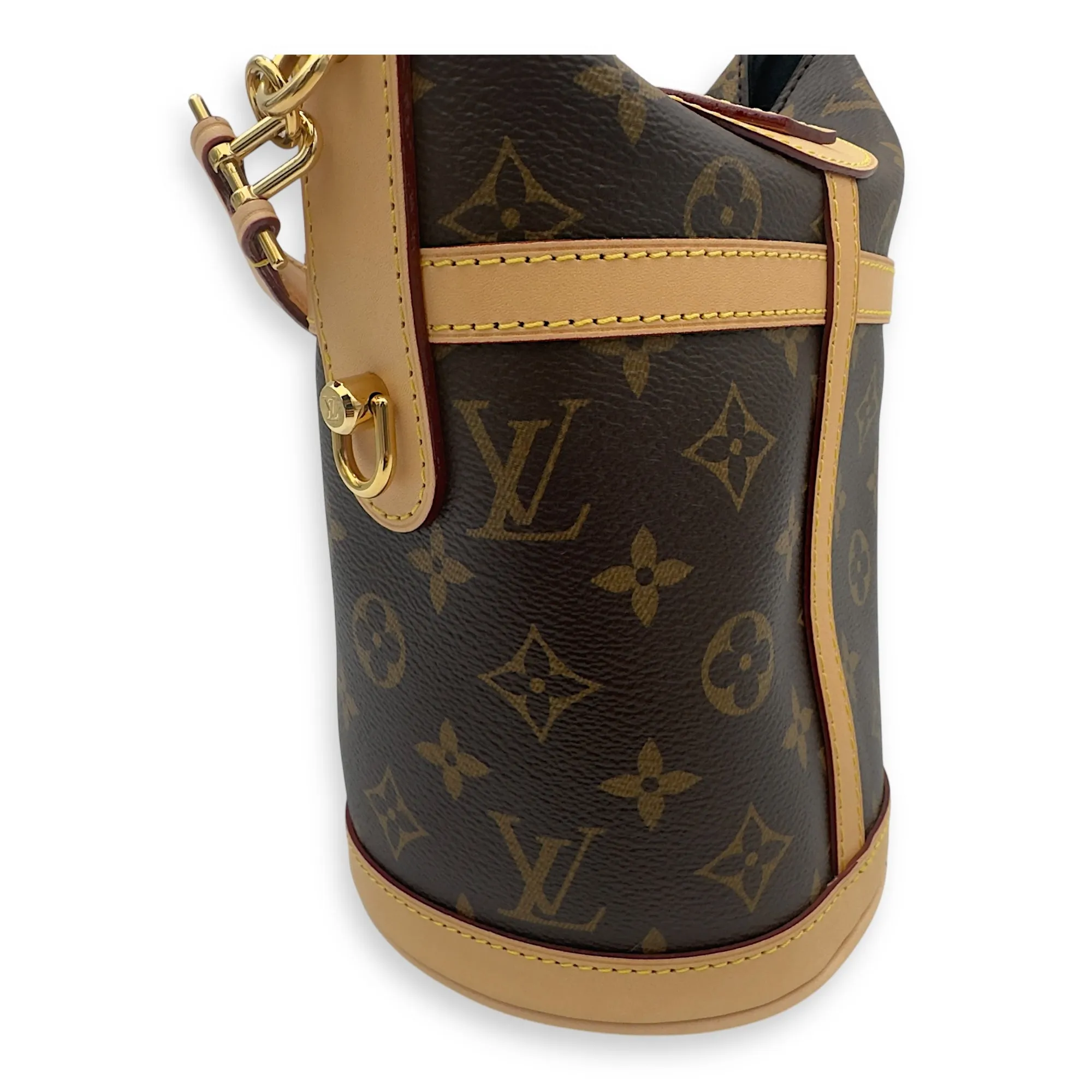 Duffle Brown Bucket Bag in Monogram Coated Canvas, Gold hardware