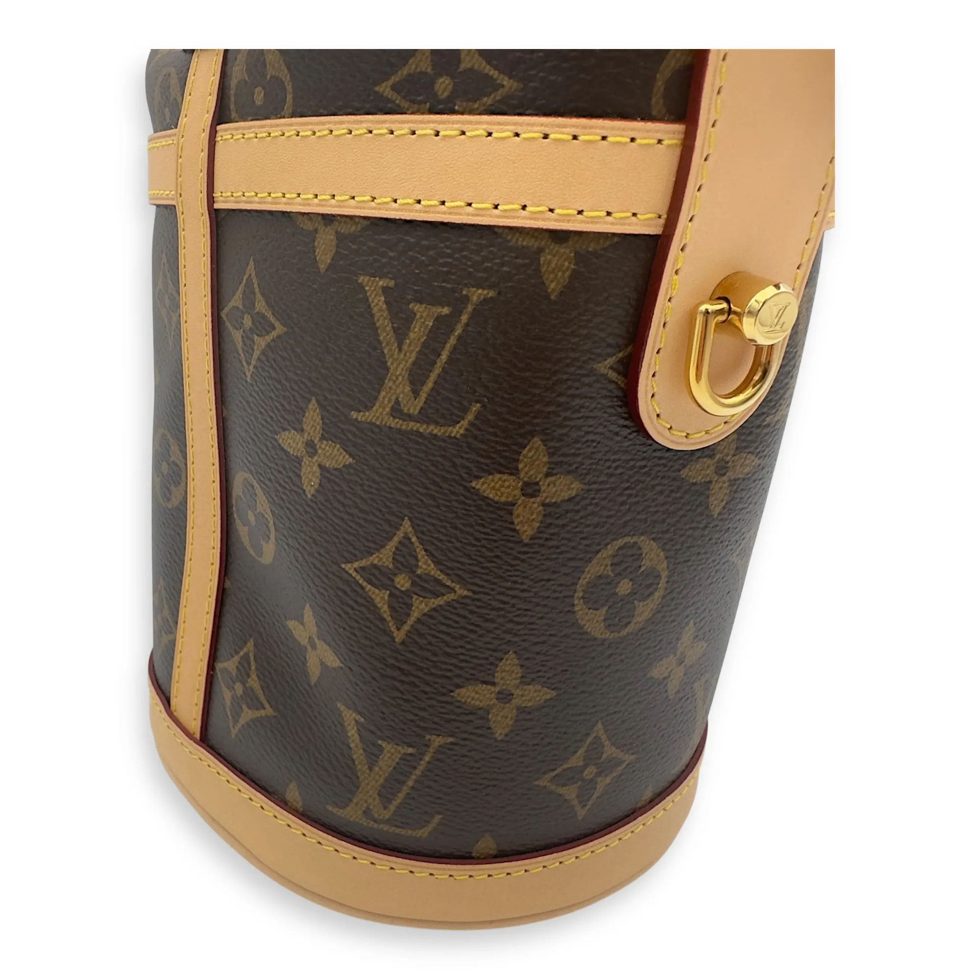 Duffle Brown Bucket Bag in Monogram Coated Canvas, Gold hardware