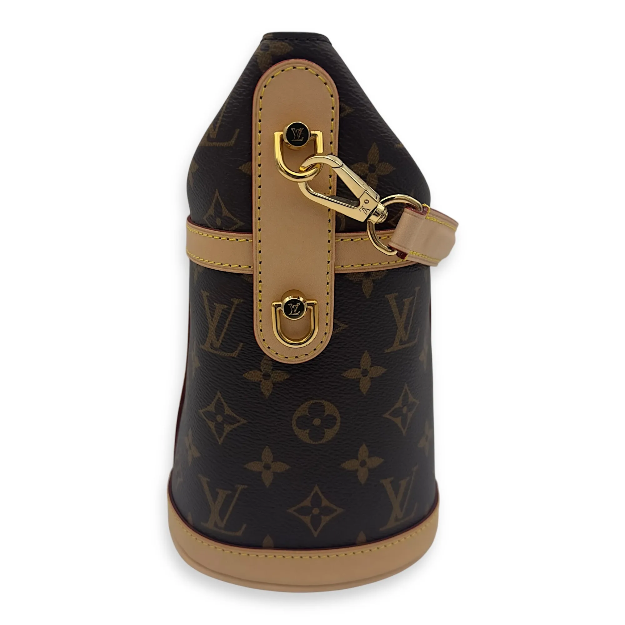 Duffle Brown Bucket Bag in Monogram Coated Canvas, Gold hardware
