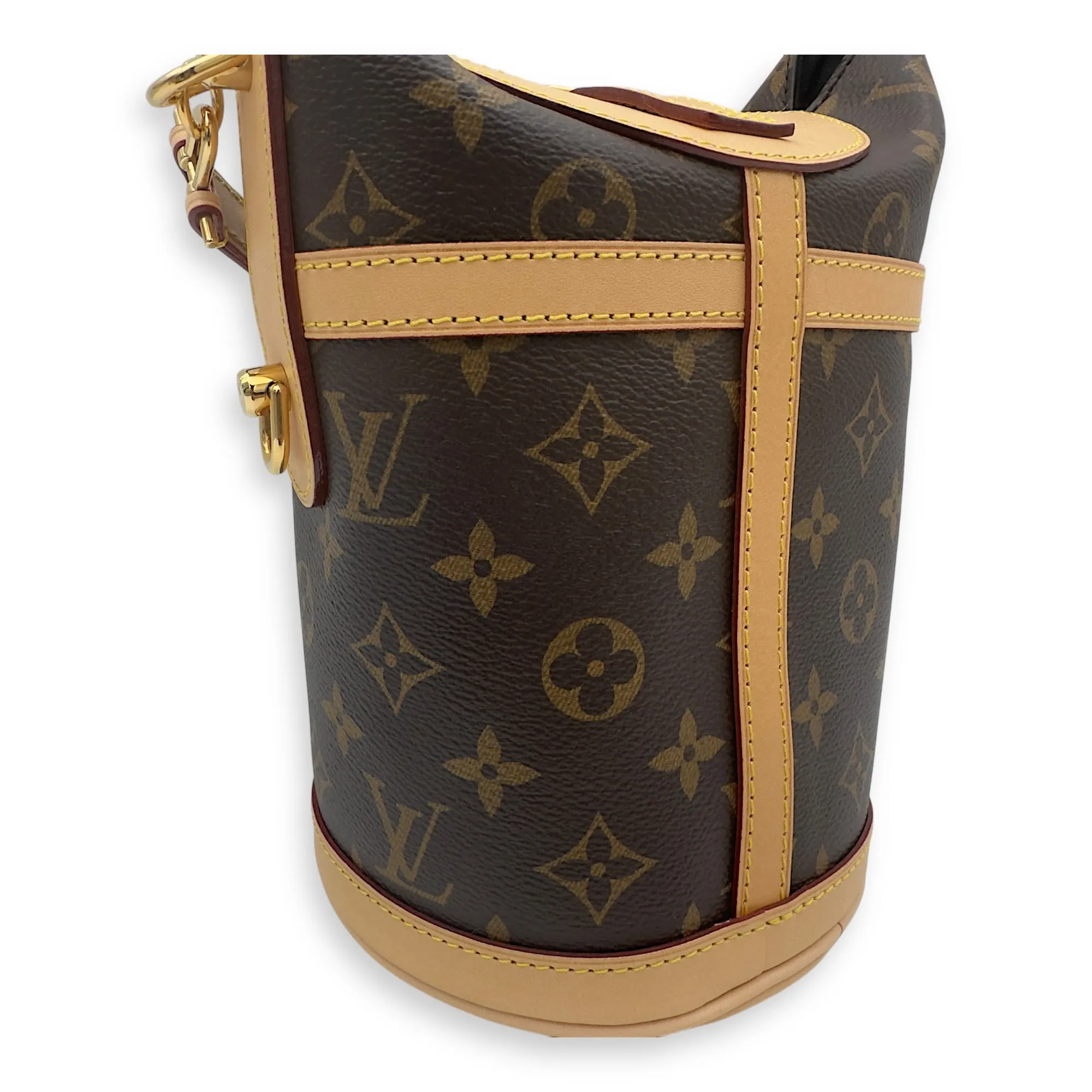 Duffle Brown Bucket Bag in Monogram Coated Canvas, Gold hardware
