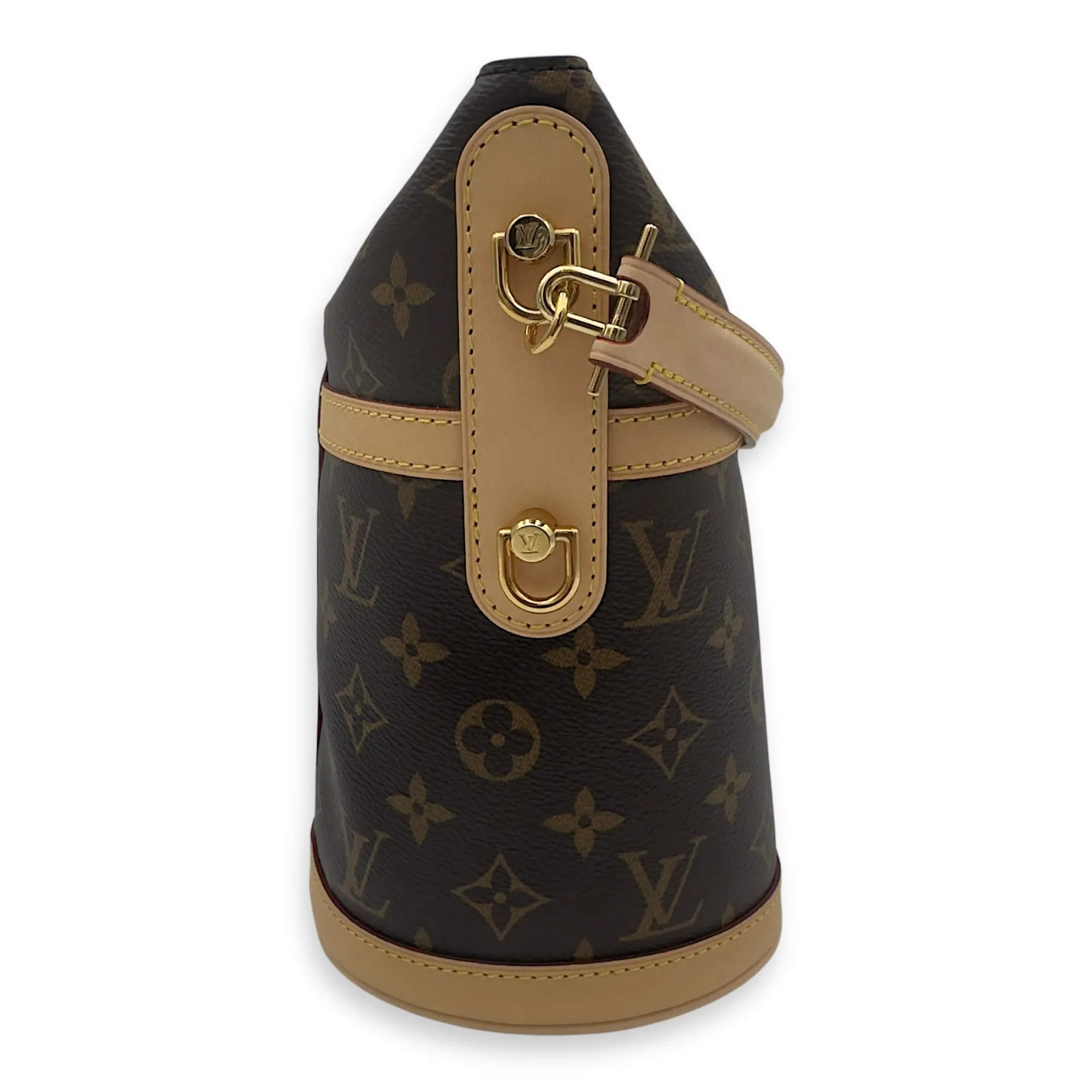 Duffle Brown Bucket Bag in Monogram Coated Canvas, Gold hardware