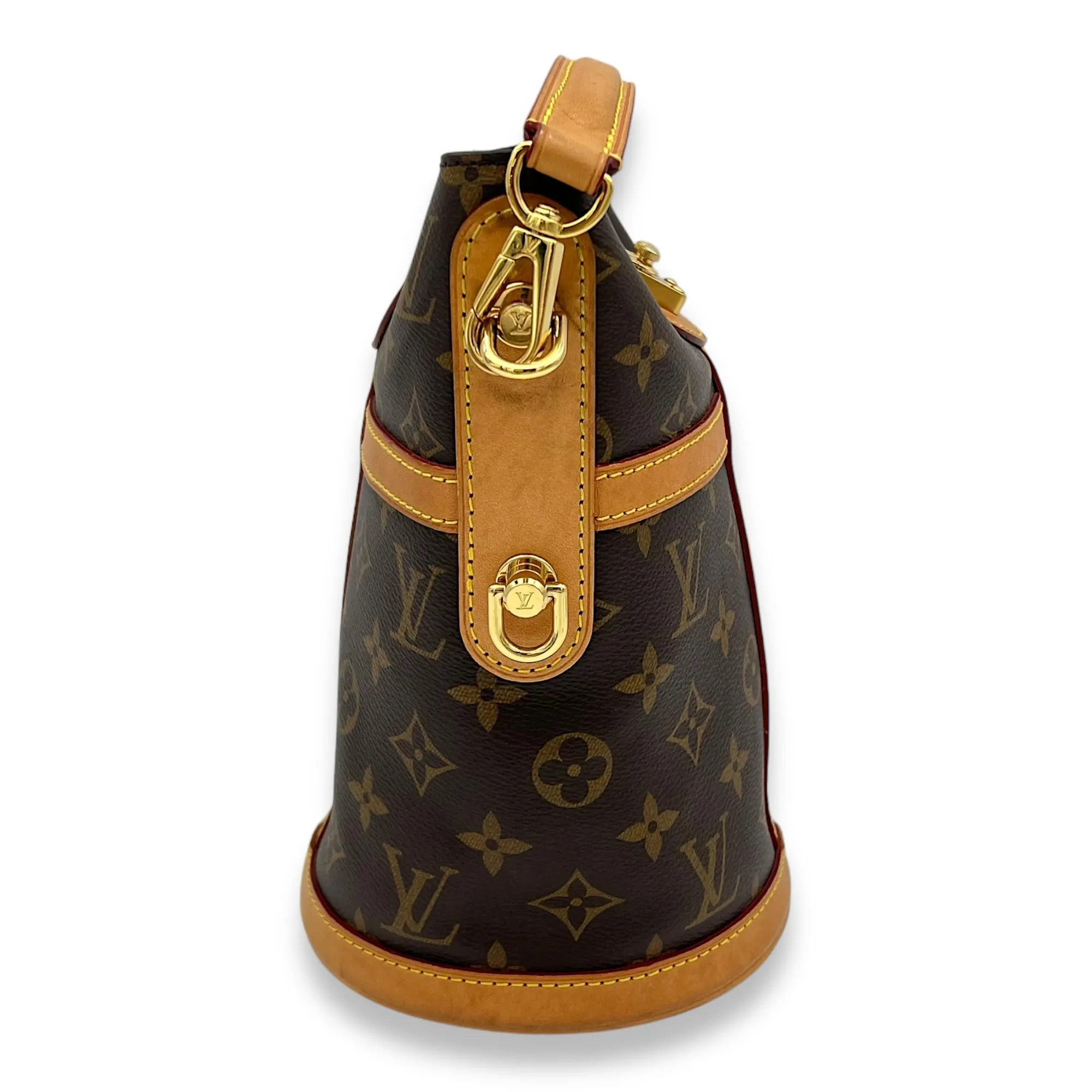 Duffle Brown Top Handle Bag in Monogram Coated Canvas, Gold hardware