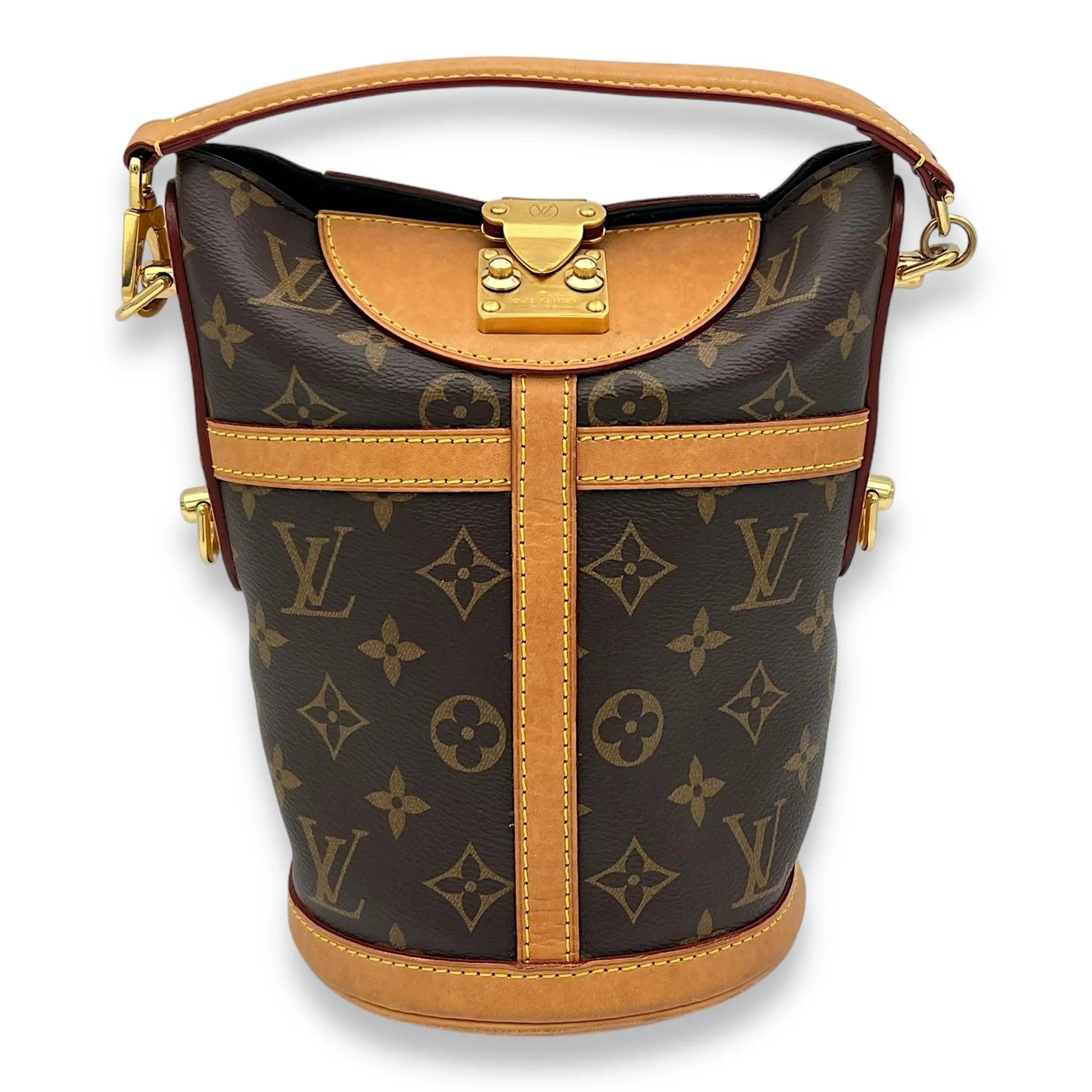 Duffle Brown Top Handle Bag in Monogram Coated Canvas, Gold hardware