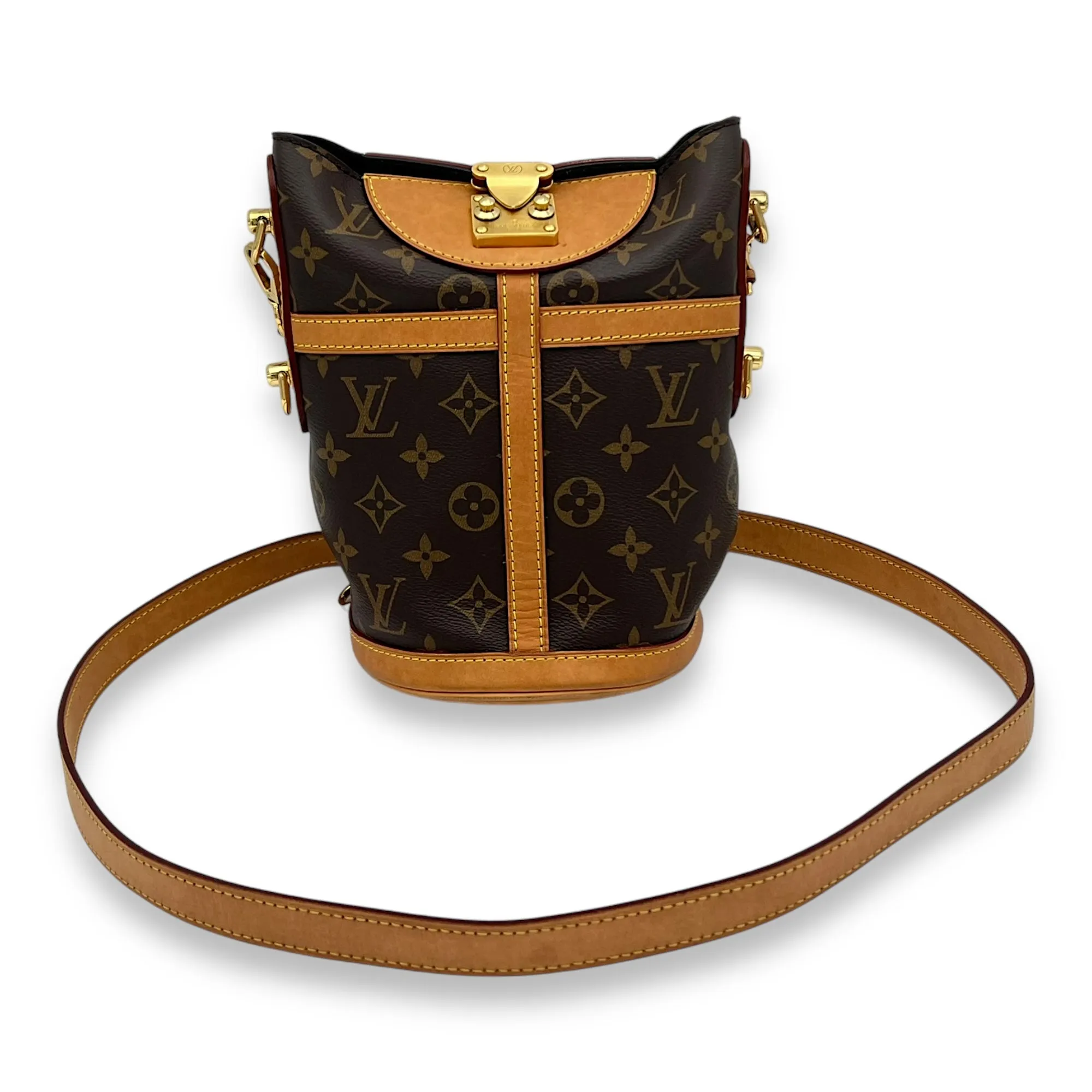 Duffle Brown Top Handle Bag in Monogram Coated Canvas, Gold hardware