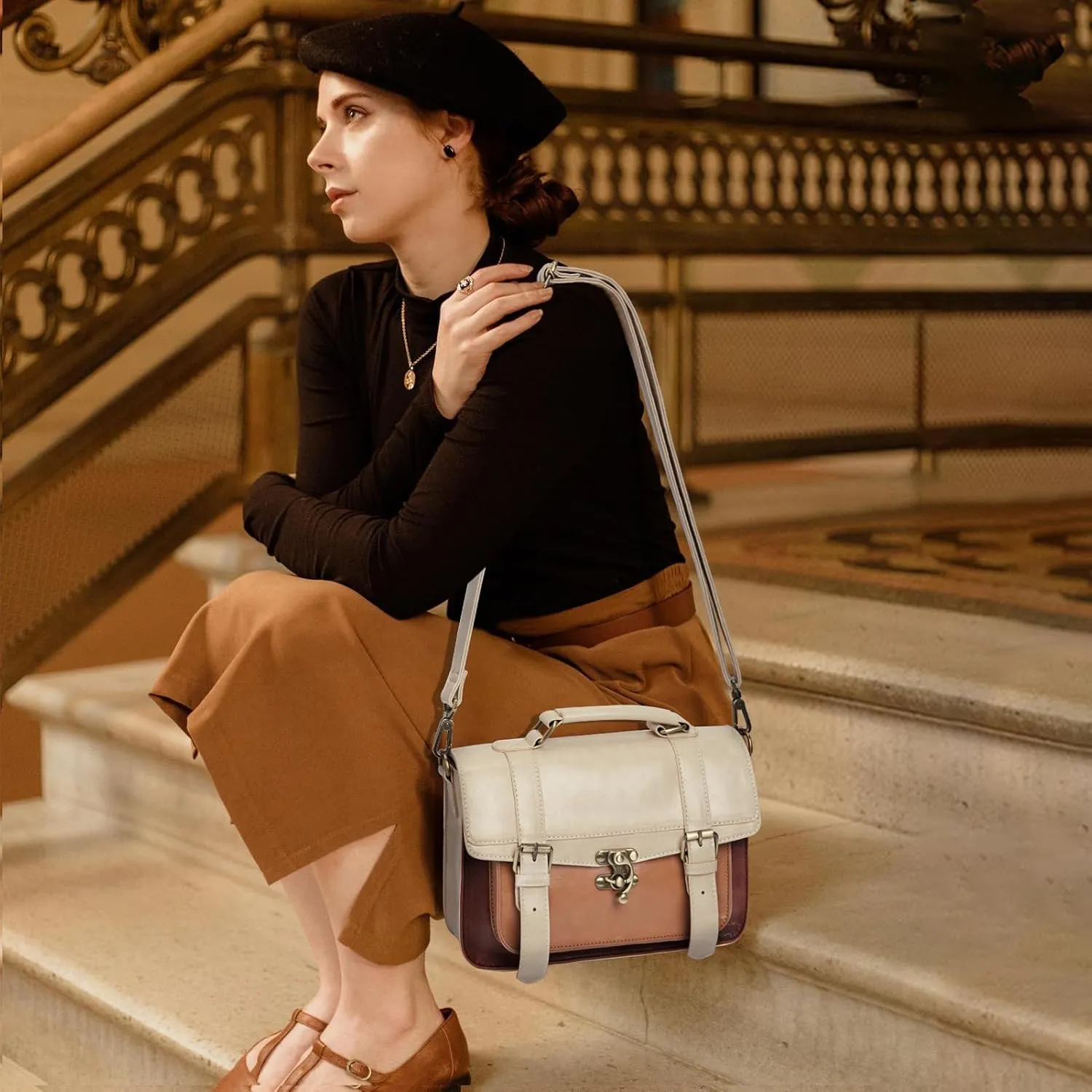 ECOSUSI Women PU Leather Satchel Purse Vintage Small College Crossbody Messenger Bag Work Cross-body Bag