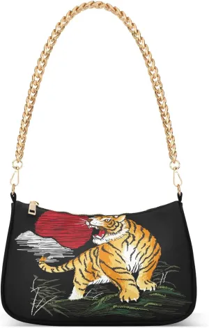 Embroidery Tiger Shoulder Handbags for Women Travel Hobo Tote Handbag Women Gold Chain Shoulder Bags Purse with Zipper Closure