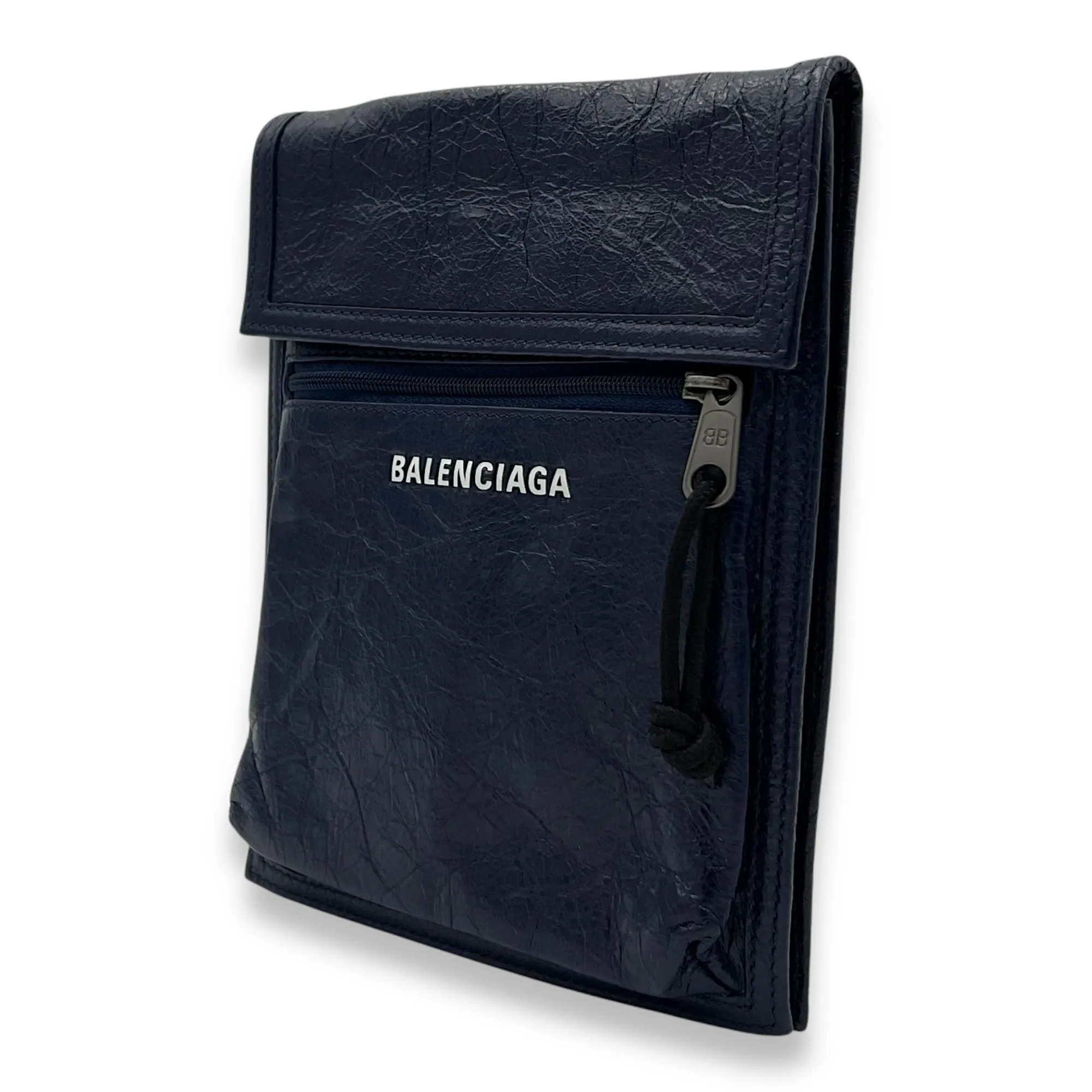 Explorer Crossbody Bag Blue in Distressed Leather, Silver hardware