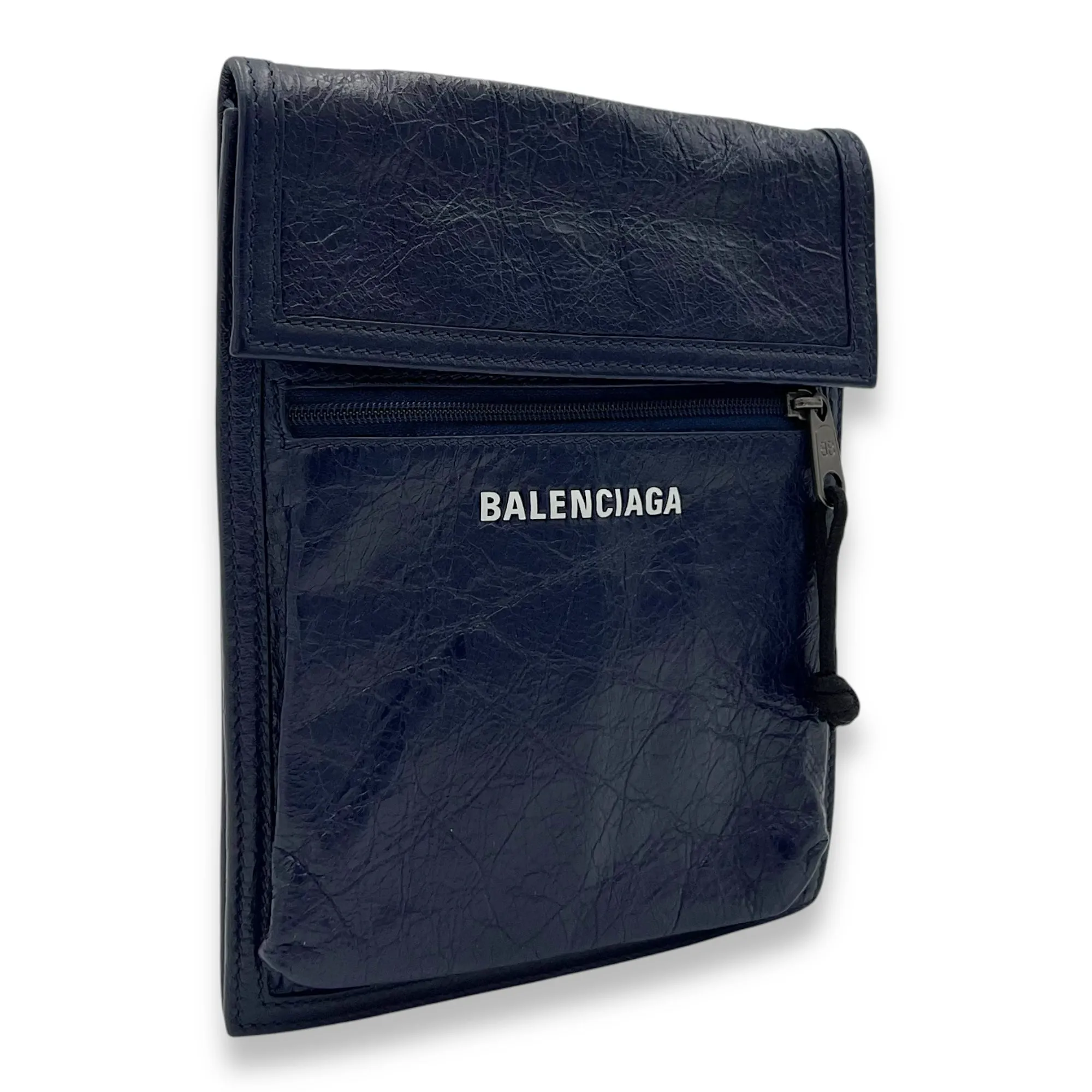 Explorer Crossbody Bag Blue in Distressed Leather, Silver hardware