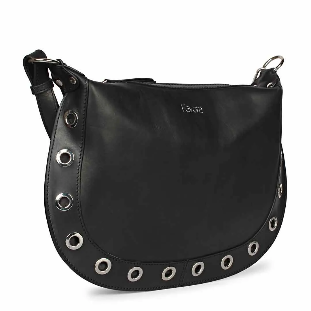 Favore Black Women Leather Structured Sling Bag