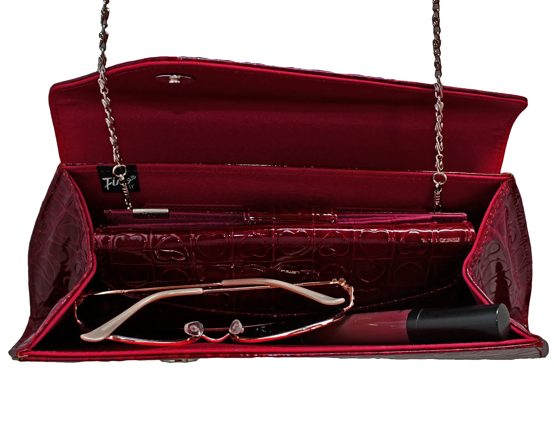 Fino RF-05 Faux Leather Patent Heart Design Clutch Bag with Chain