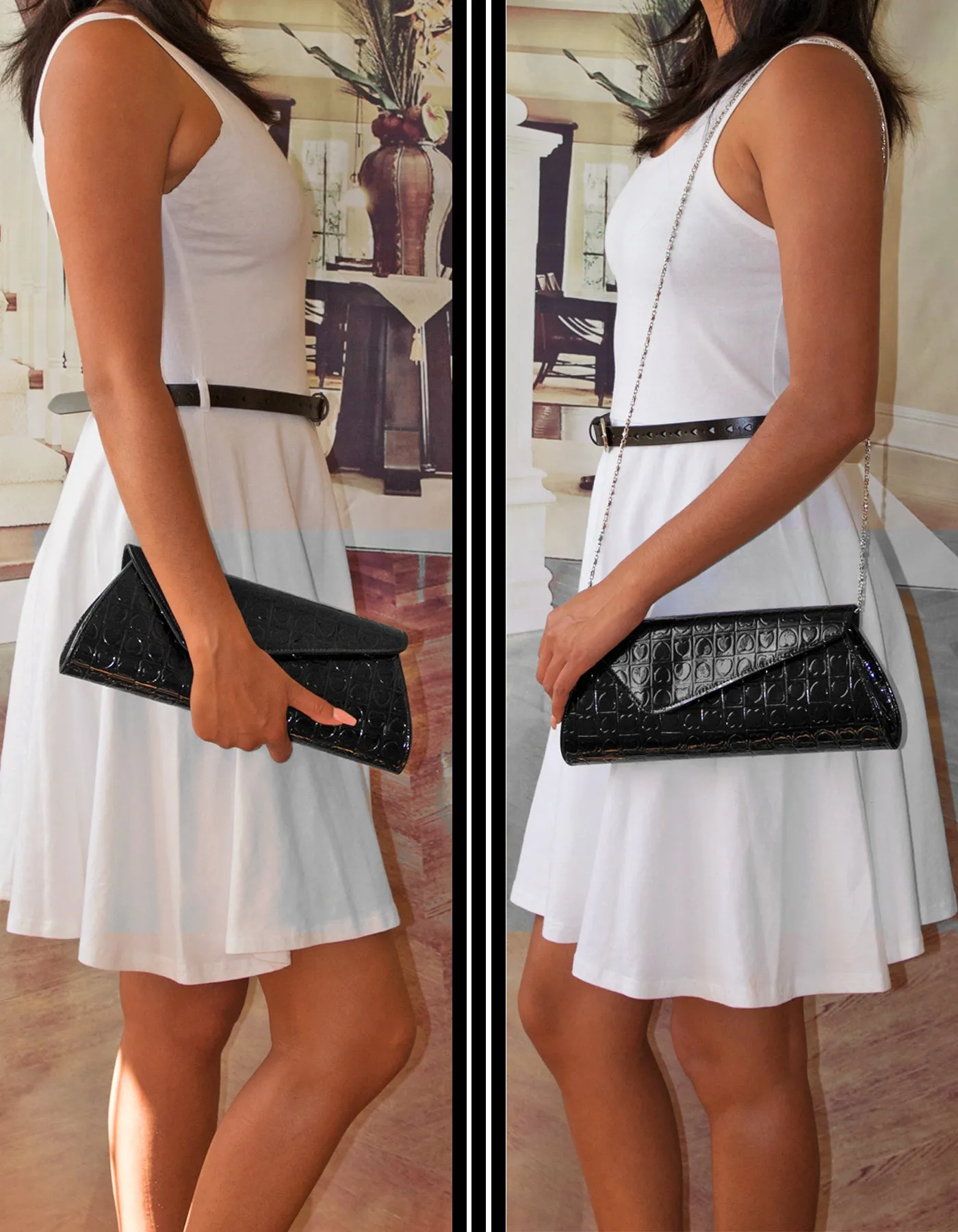 Fino RF-05 Faux Leather Patent Heart Design Clutch Bag with Chain