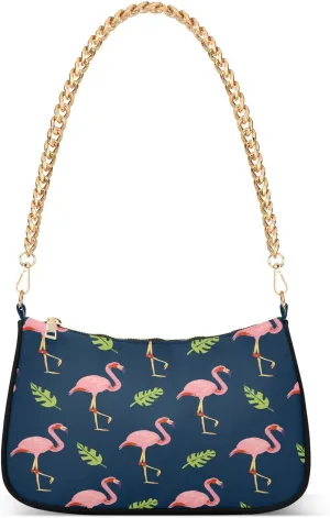 Flamingo Tropical Leaves Shoulder Handbags for Women Travel Hobo Tote Handbag Women Gold Chain Shoulder Bags Purse with Zipper Closure