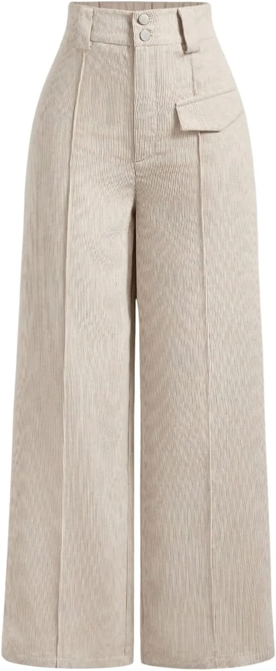 Floerns Women's Corduroy Wide Leg High Waisted Pants Button Front Trousers with Pocket