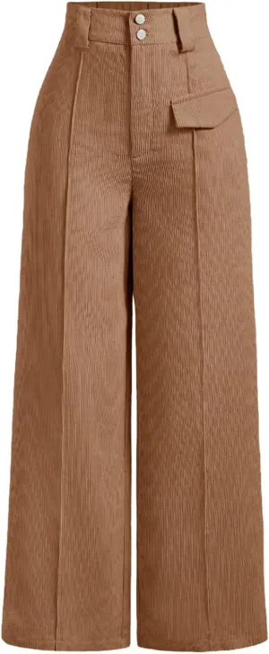 Floerns Women's Corduroy Wide Leg High Waisted Pants Button Front Trousers with Pocket